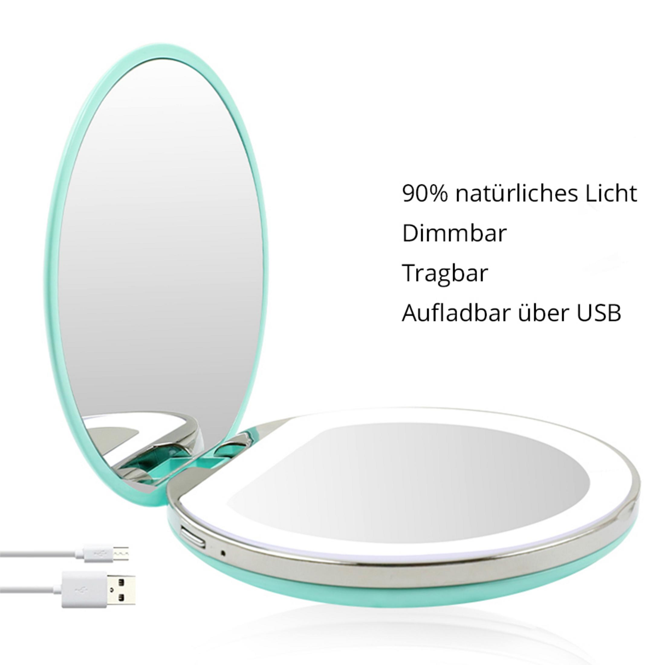 Ein aufklappbarer Kosmetikspiegel in Türkis mit LED-Beleuchtung und USB-Kabel.