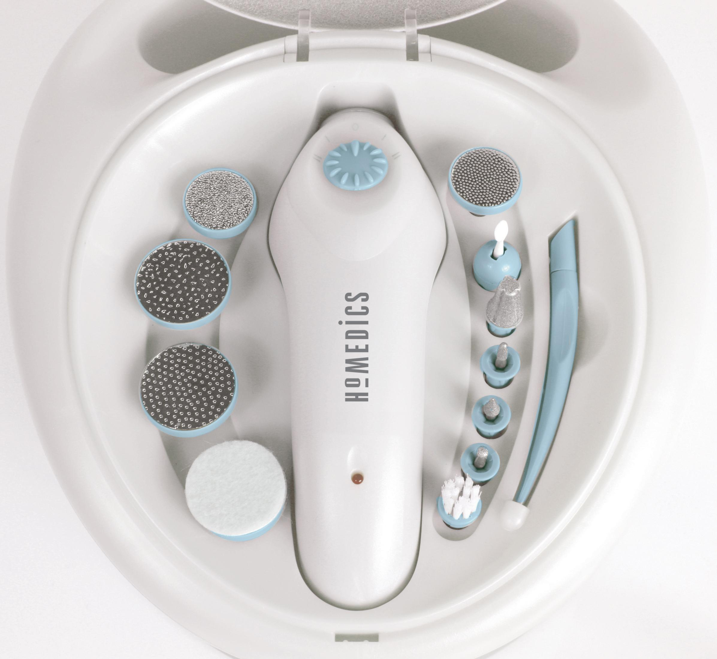 Un set manicure HoMedics bianco con varie punte in una custodia bianca.