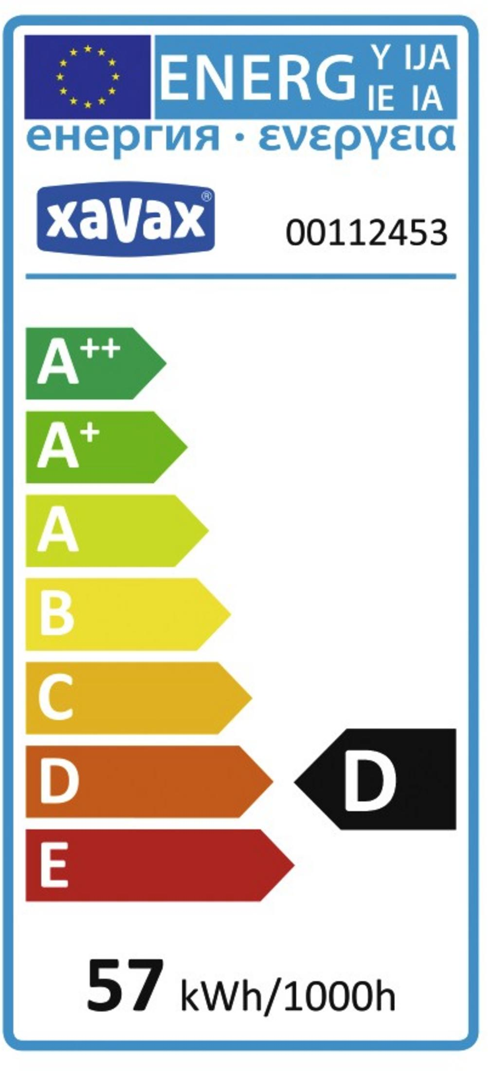 Étiquette énergétique avec échelle de A++ à E. Valeur actuelle D, 57 kWh/1000h.