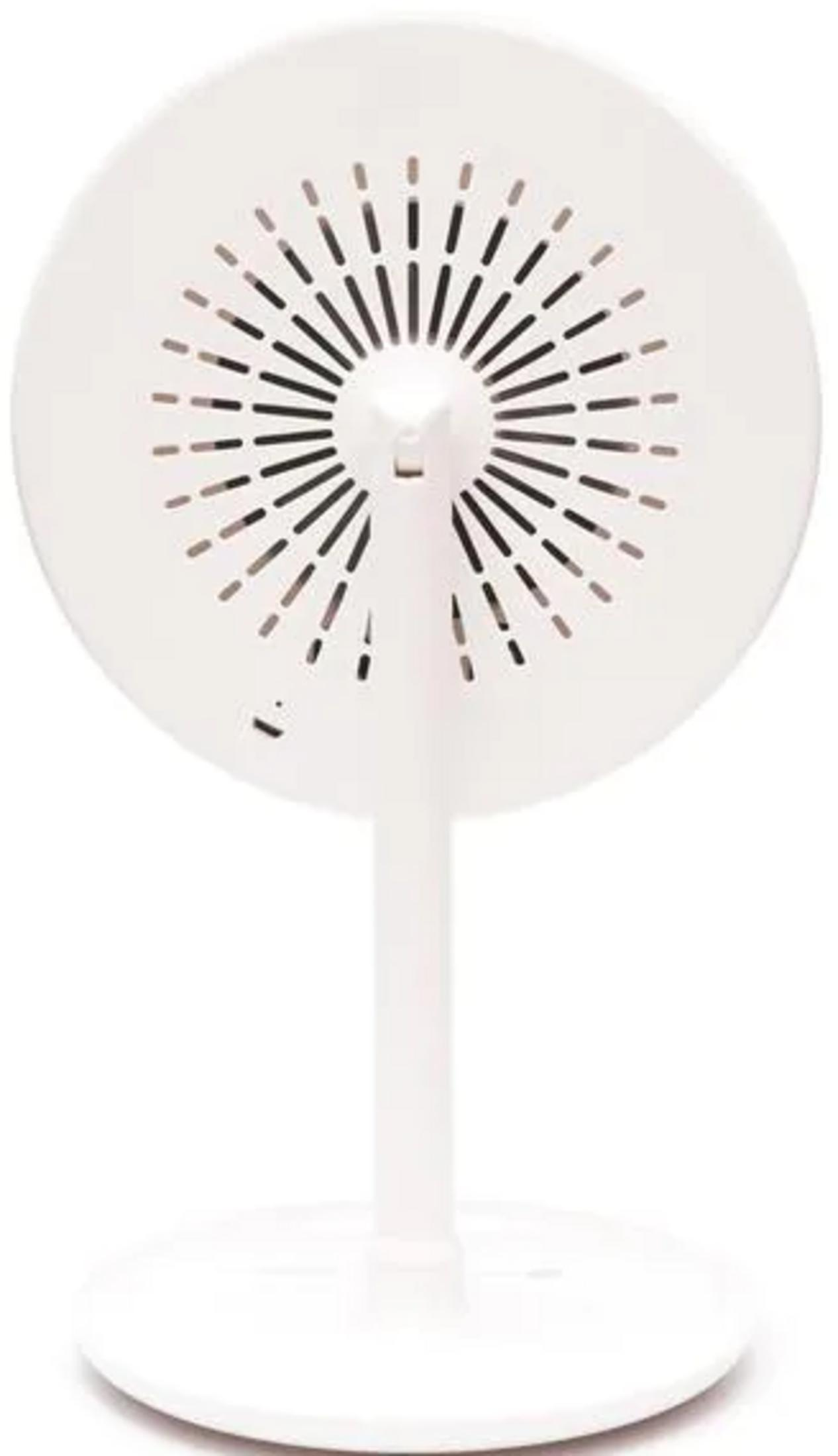 Ein weißer Ventilator mit rundem Kopf und Schlitzen, der auf einem Ständer steht.