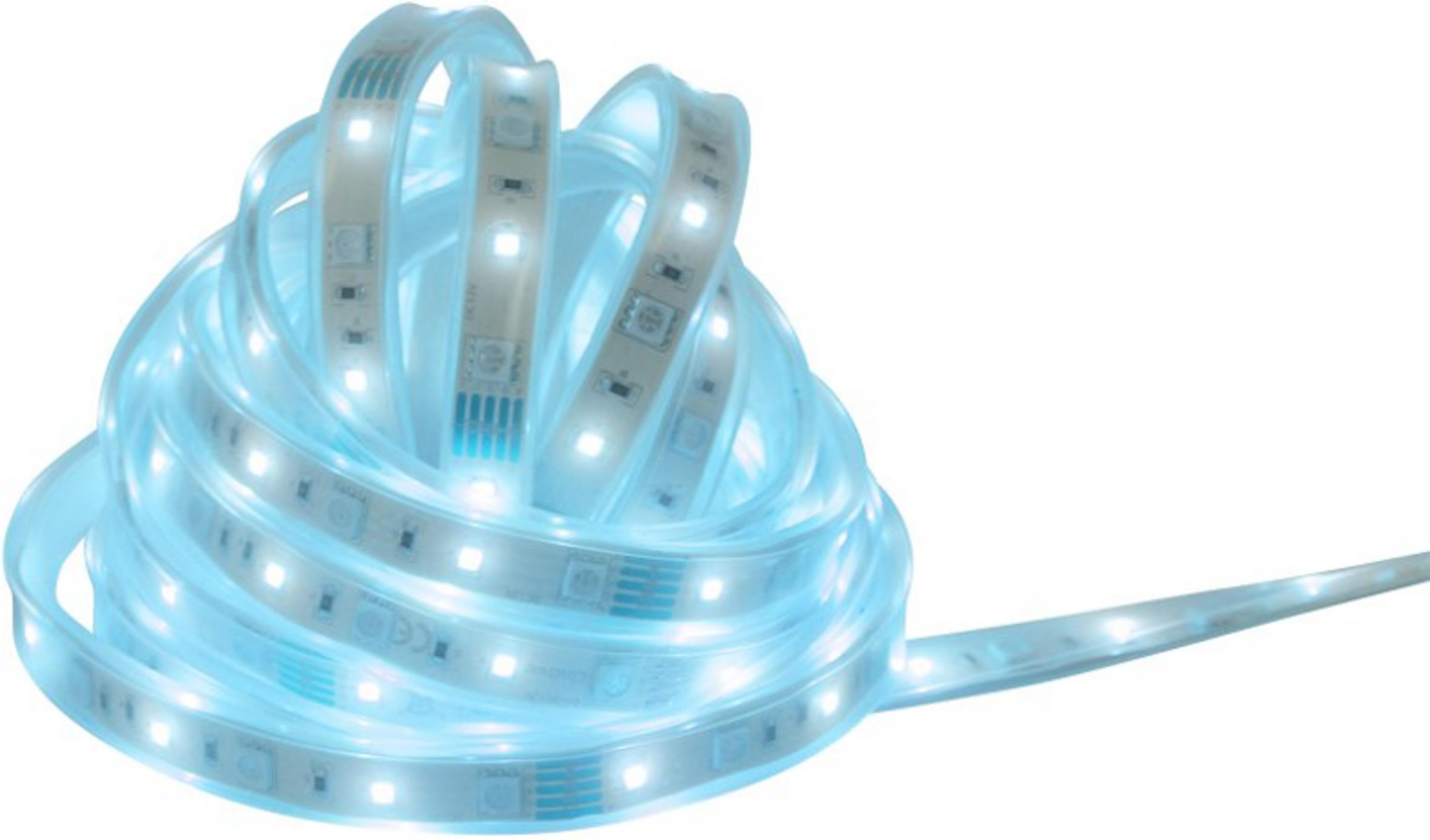 Eine aufgerollte blau leuchtende LED-Lichtleiste mit sichtbaren Chips.