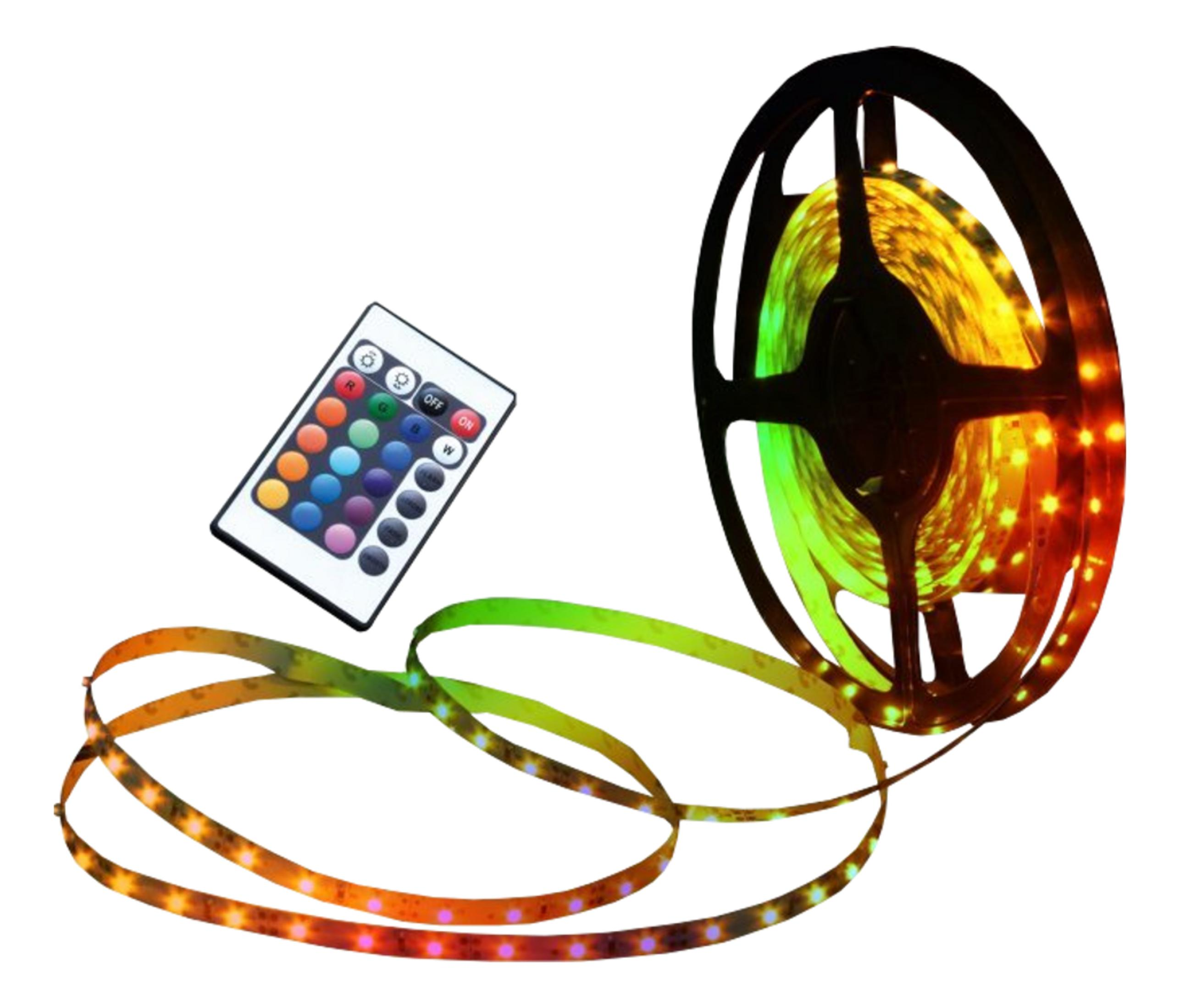 Ein aufgerollter LED-Streifen mit Fernbedienung, beleuchtet in Grün und Orange.