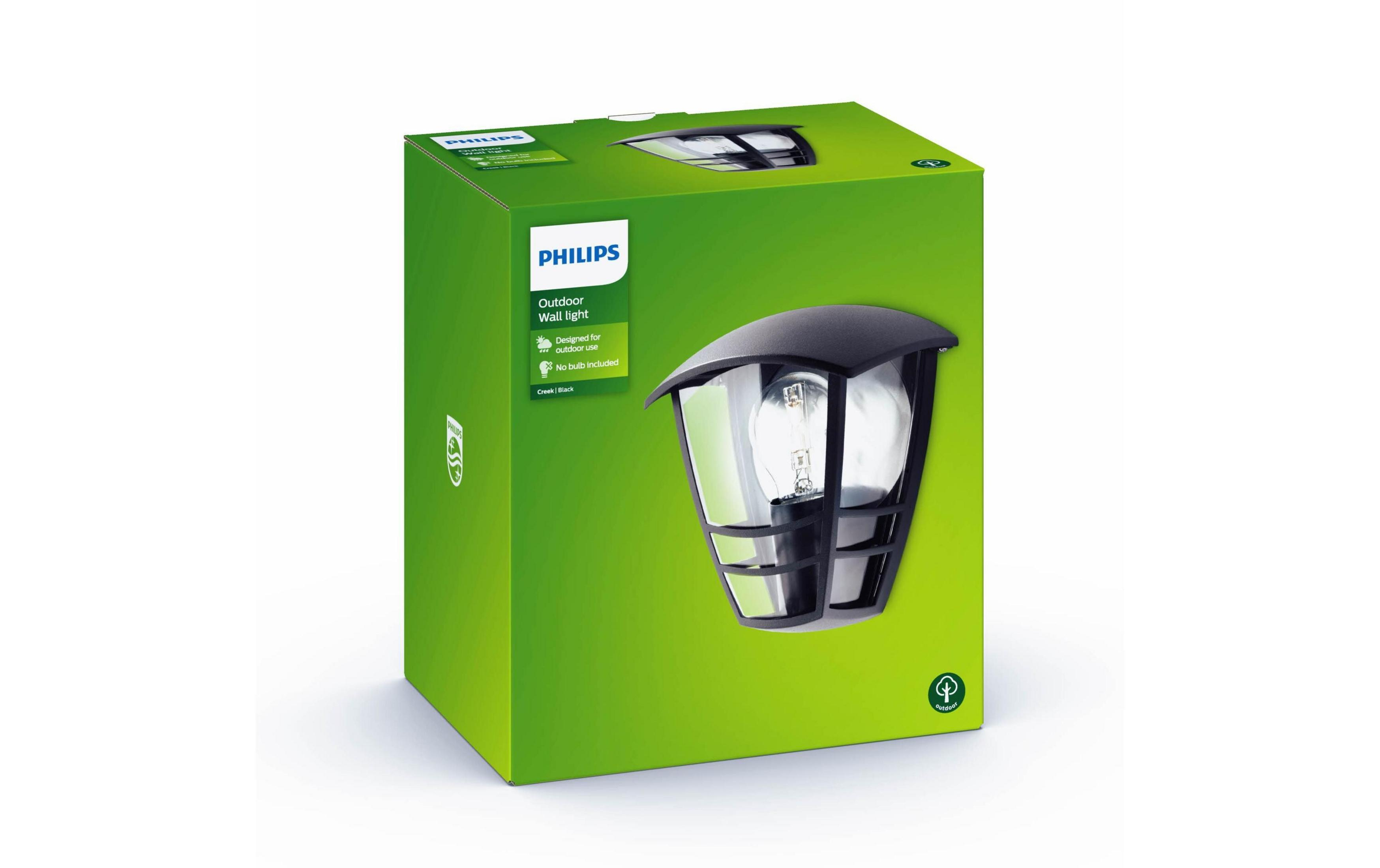 Grüne Philips-Verpackung mit einem Bild einer schwarzen Außenwandleuchte.