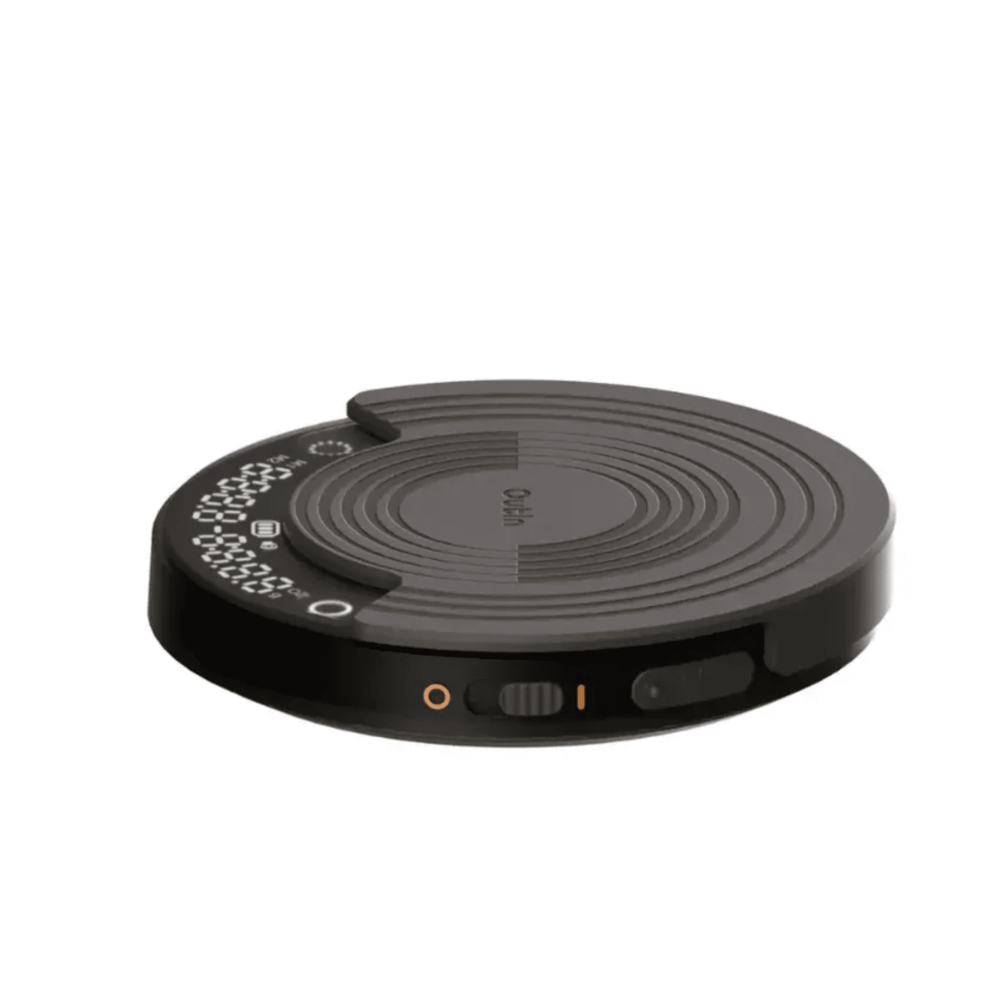 Black round device with circular grooved top and digital display.