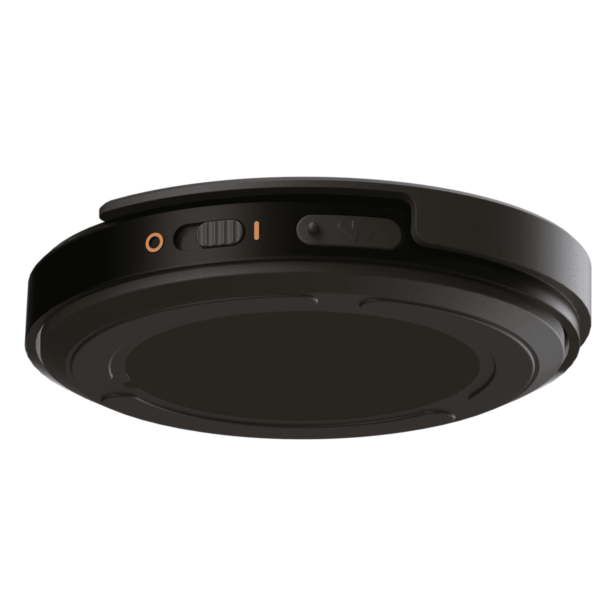 Black headphone earcup with volume dial and USB port.