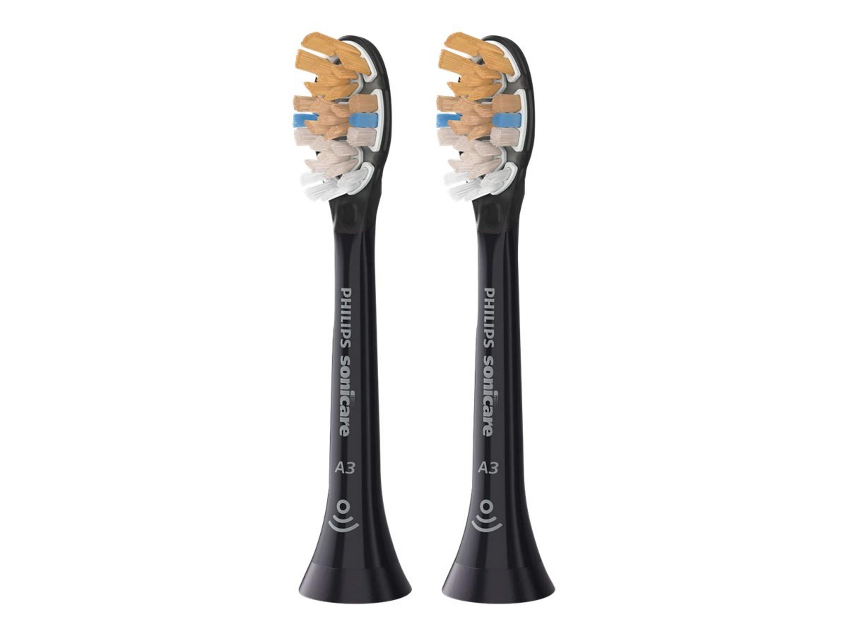 Dos cabezales de cepillo Philips Sonicare A3 negros con cerdas marrones, azules y blancas.