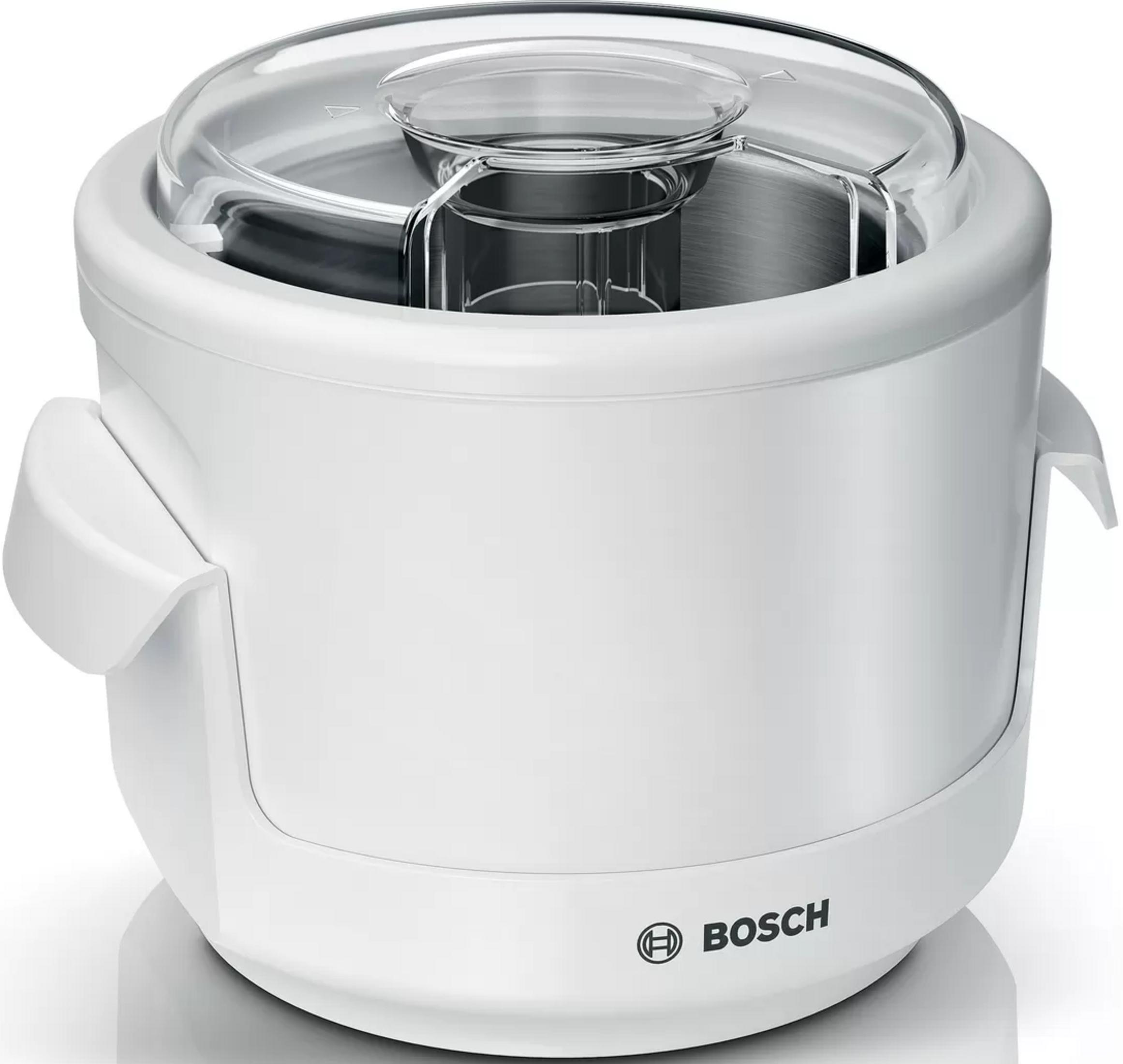 Weiße Bosch Eismaschine mit transparentem Deckel und silbernem Einsatz.