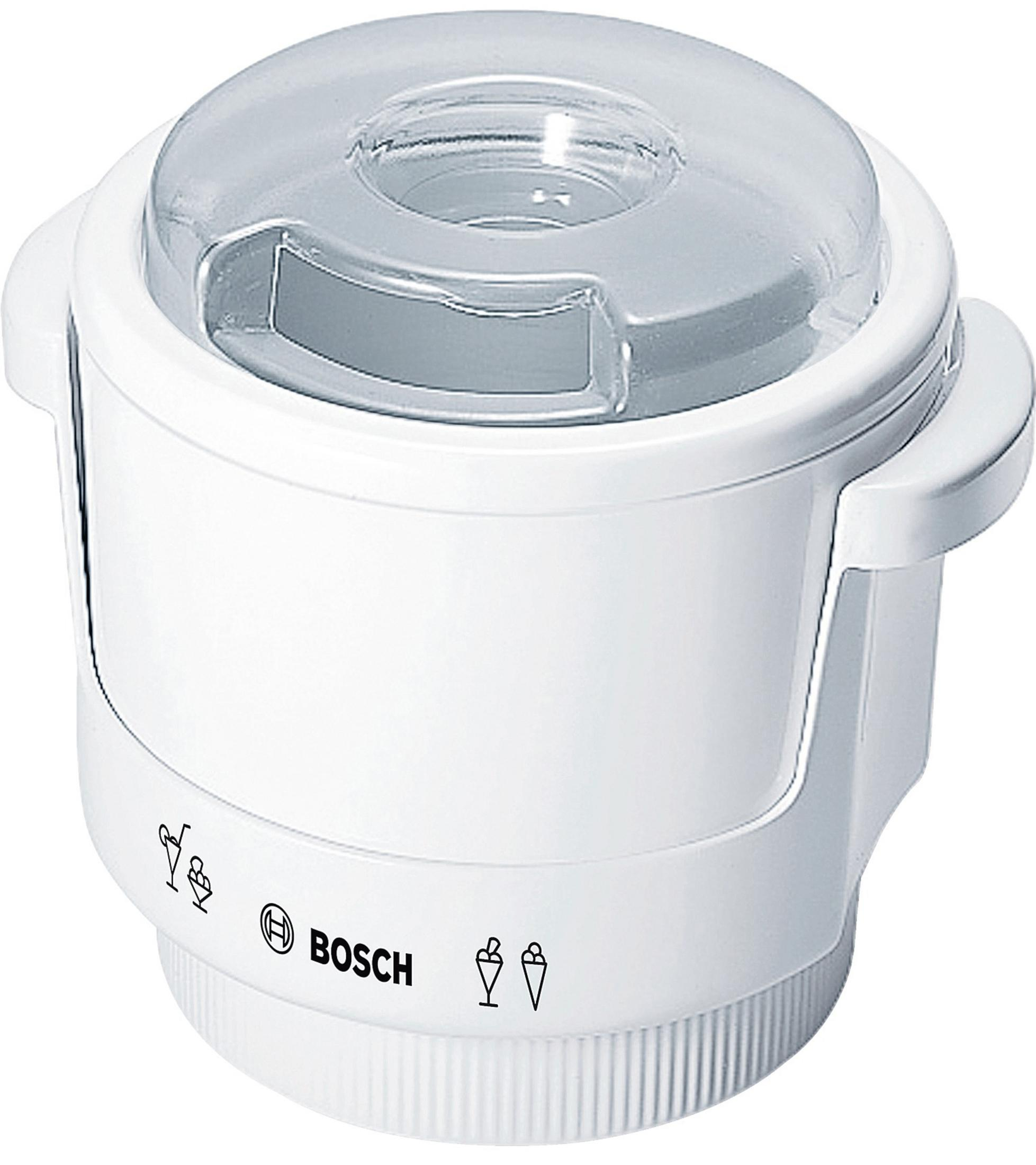 Weiße Eismaschine von Bosch mit transparentem Deckel und Eis-Symbolen.