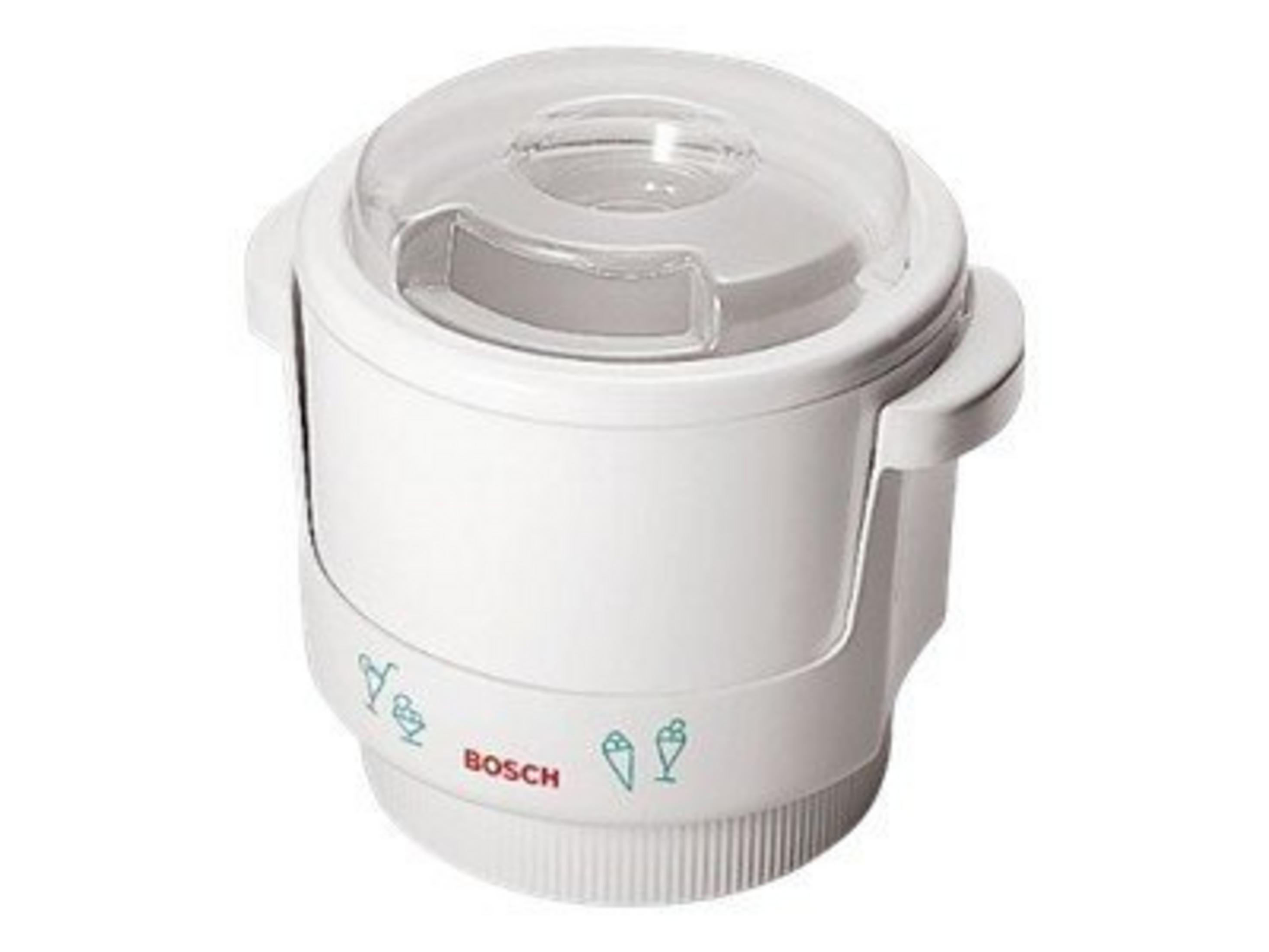 Ein weißer Bosch Eismaschinen-Behälter mit durchsichtigem Deckel und Eis-Symbolen.