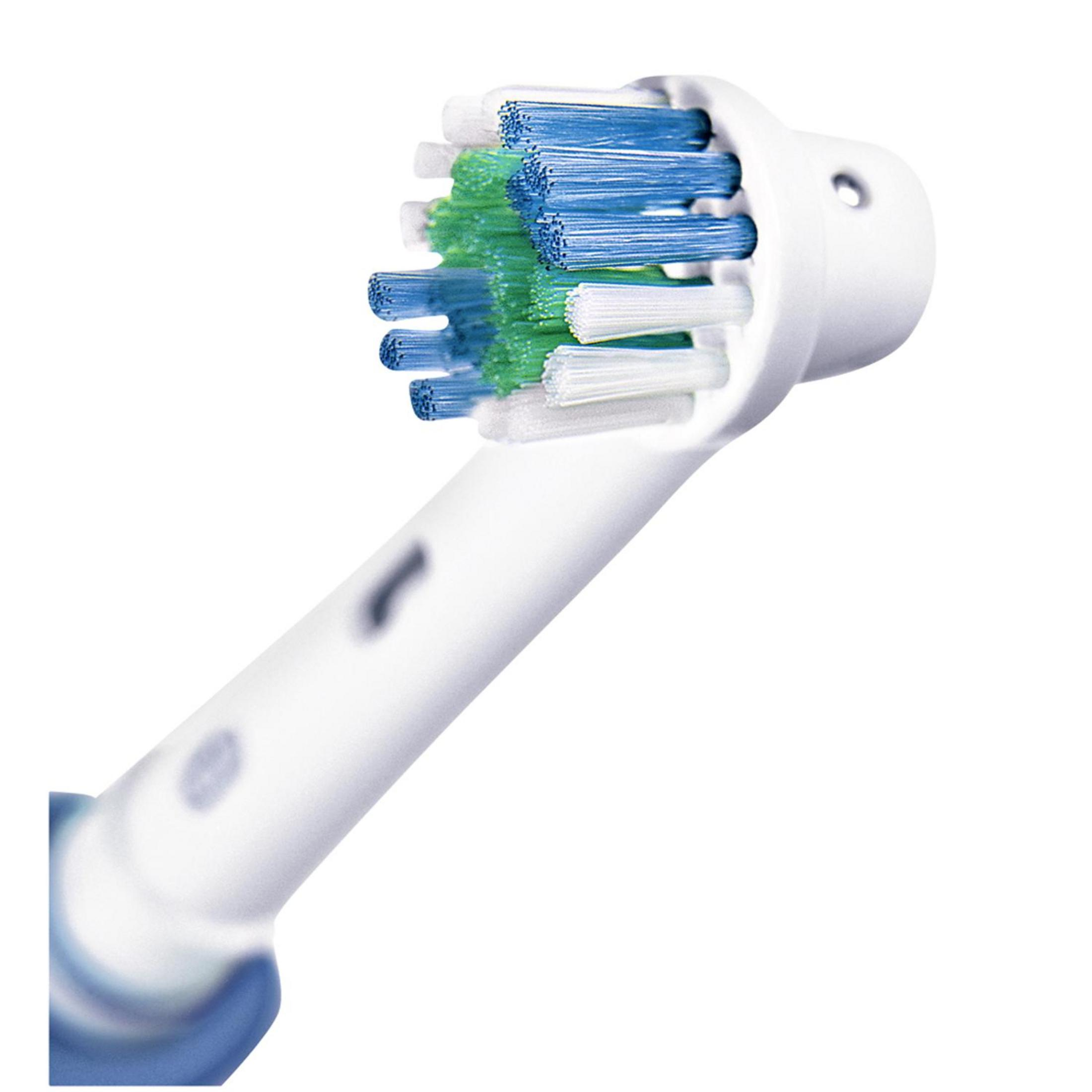 Close-up van een elektrische tandenborstelkop met blauwe, groene en witte borstelharen.
