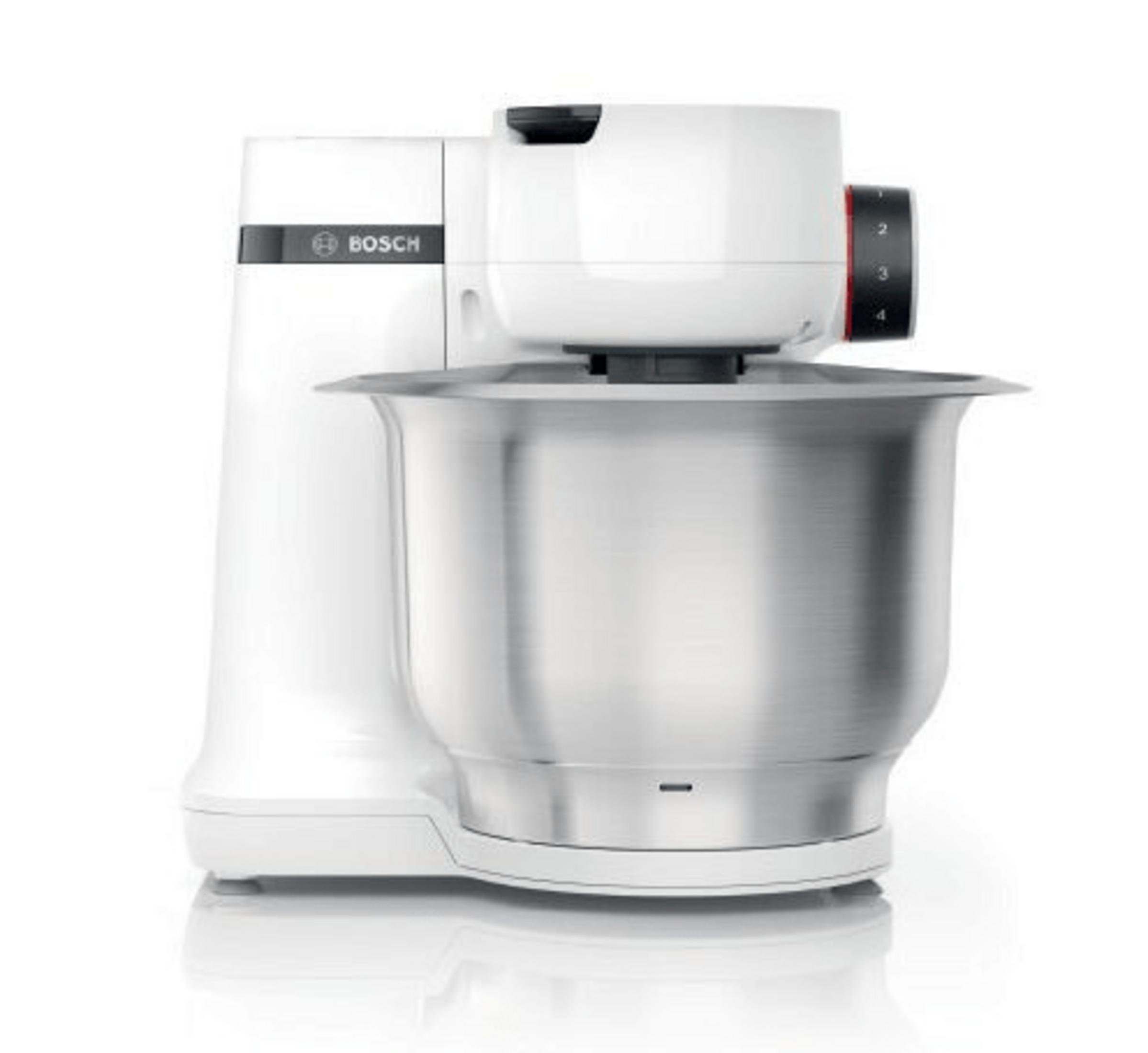 Eine weiße Küchenmaschine von Bosch mit Edelstahlschüssel und Geschwindigkeitsregler.