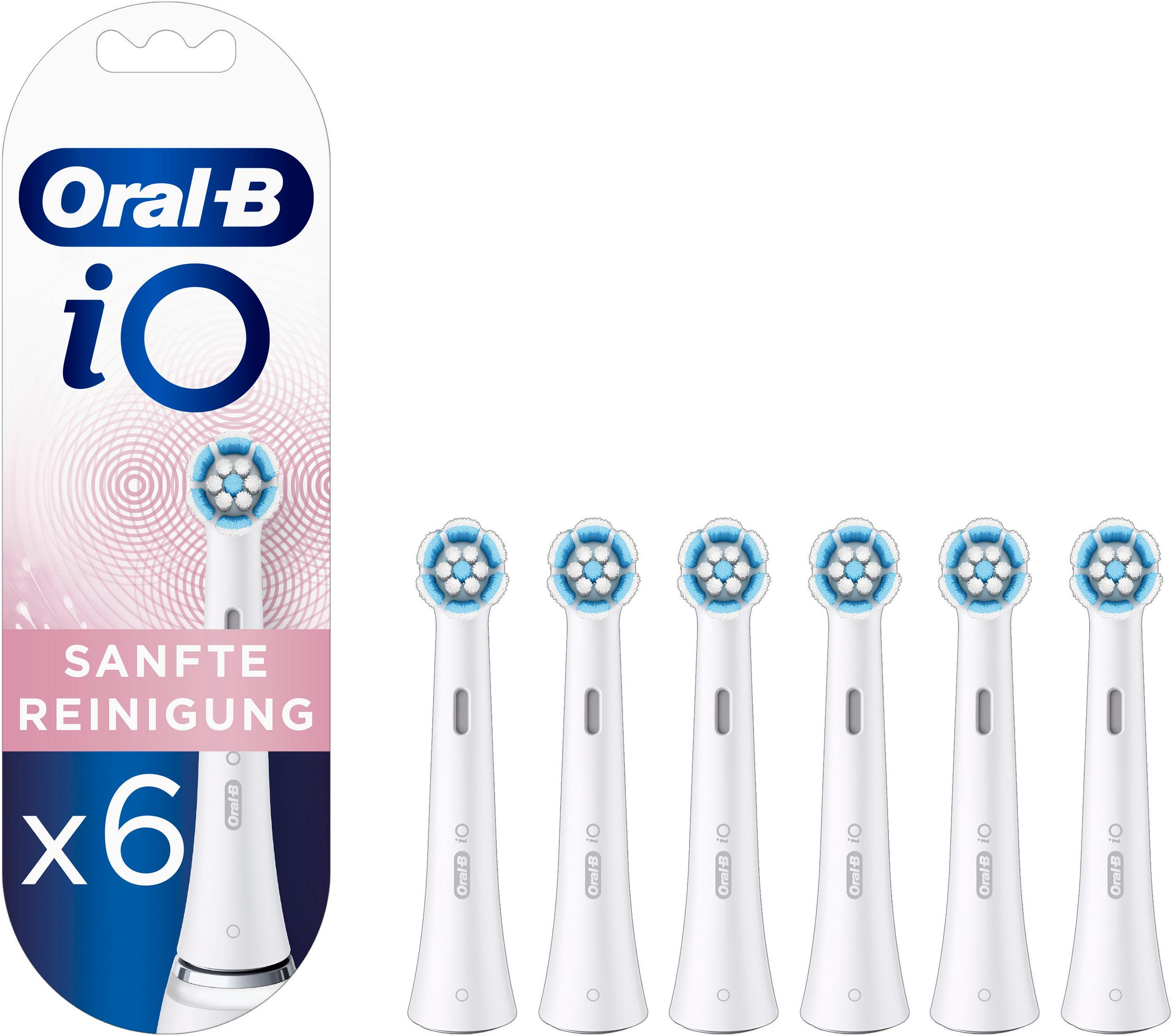 Verpackung mit 6 Oral-B iO Aufsteckbürsten für sanfte Reinigung.