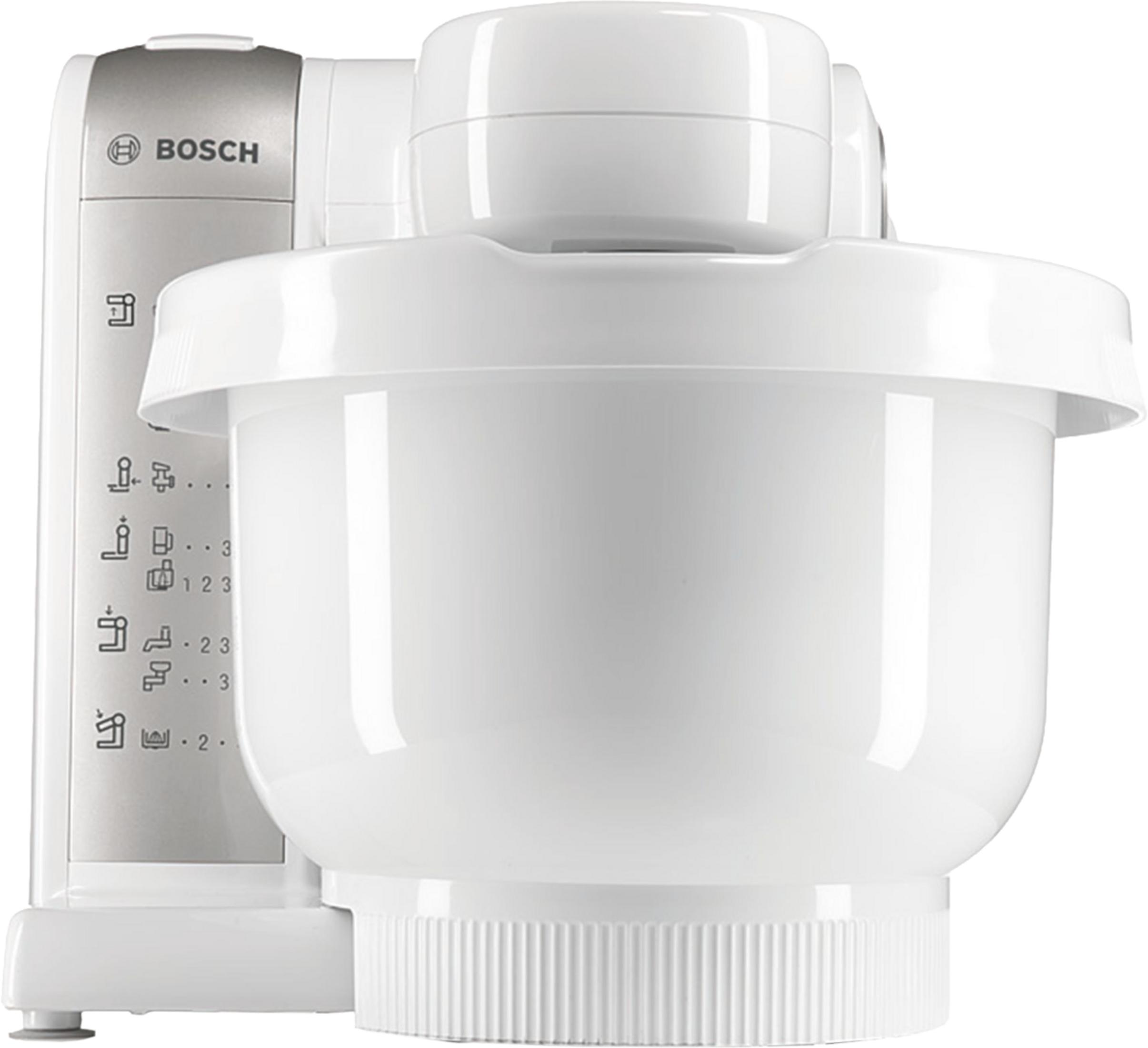 Ein weißer Bosch-Küchenmixer mit Schüssel und Bedienelementen.
