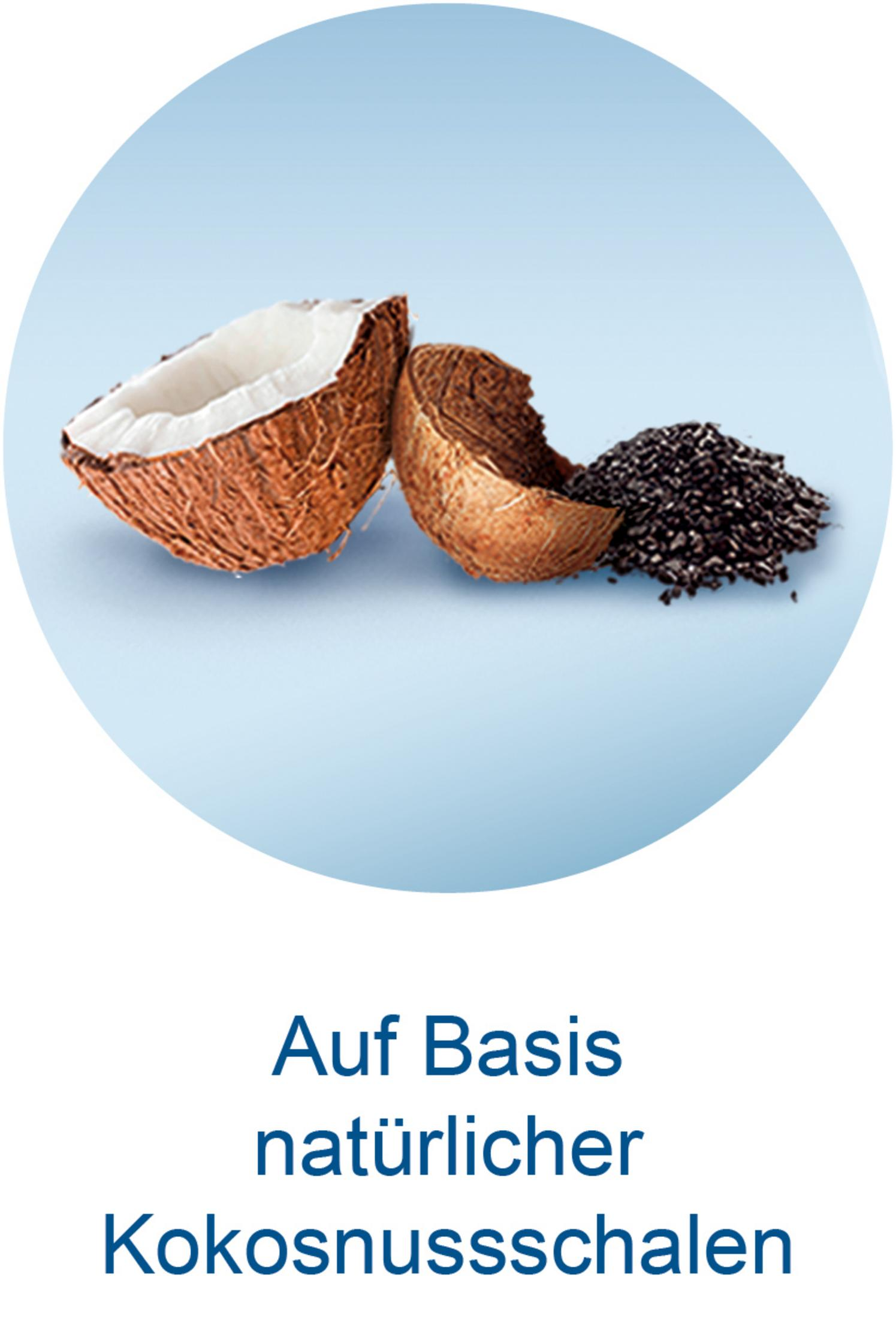 Eine Kokosnusshälfte und eine Portion Kokosnussschalenpulver auf blauem Hintergrund.