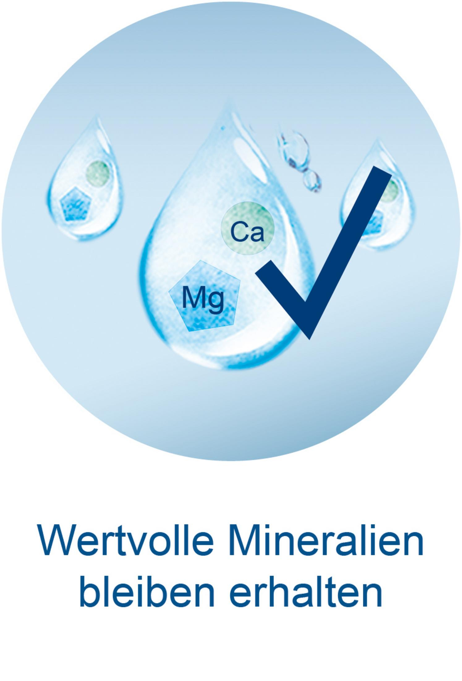 Tropfen mit Ca und Mg, ein Häkchen. Wertvolle Mineralien bleiben erhalten.