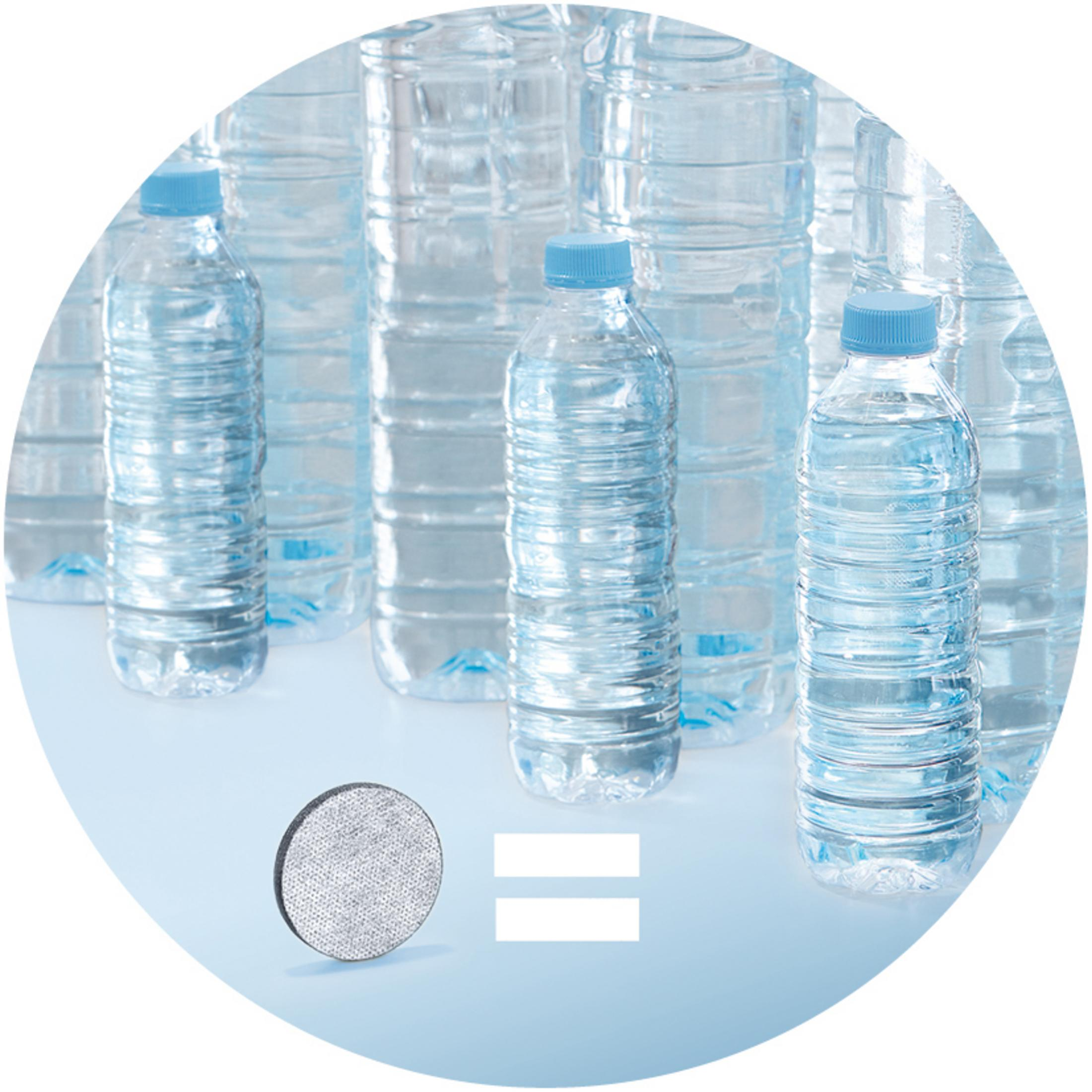 Ein Filterpad neben einer Reihe von Wasserflaschen, mit einem Gleichheitszeichen dazwischen.