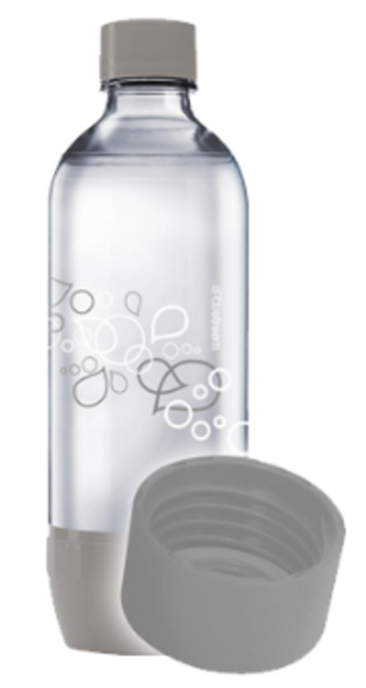 Eine durchsichtige Wasserflasche mit einem grauen Deckel und Muster.