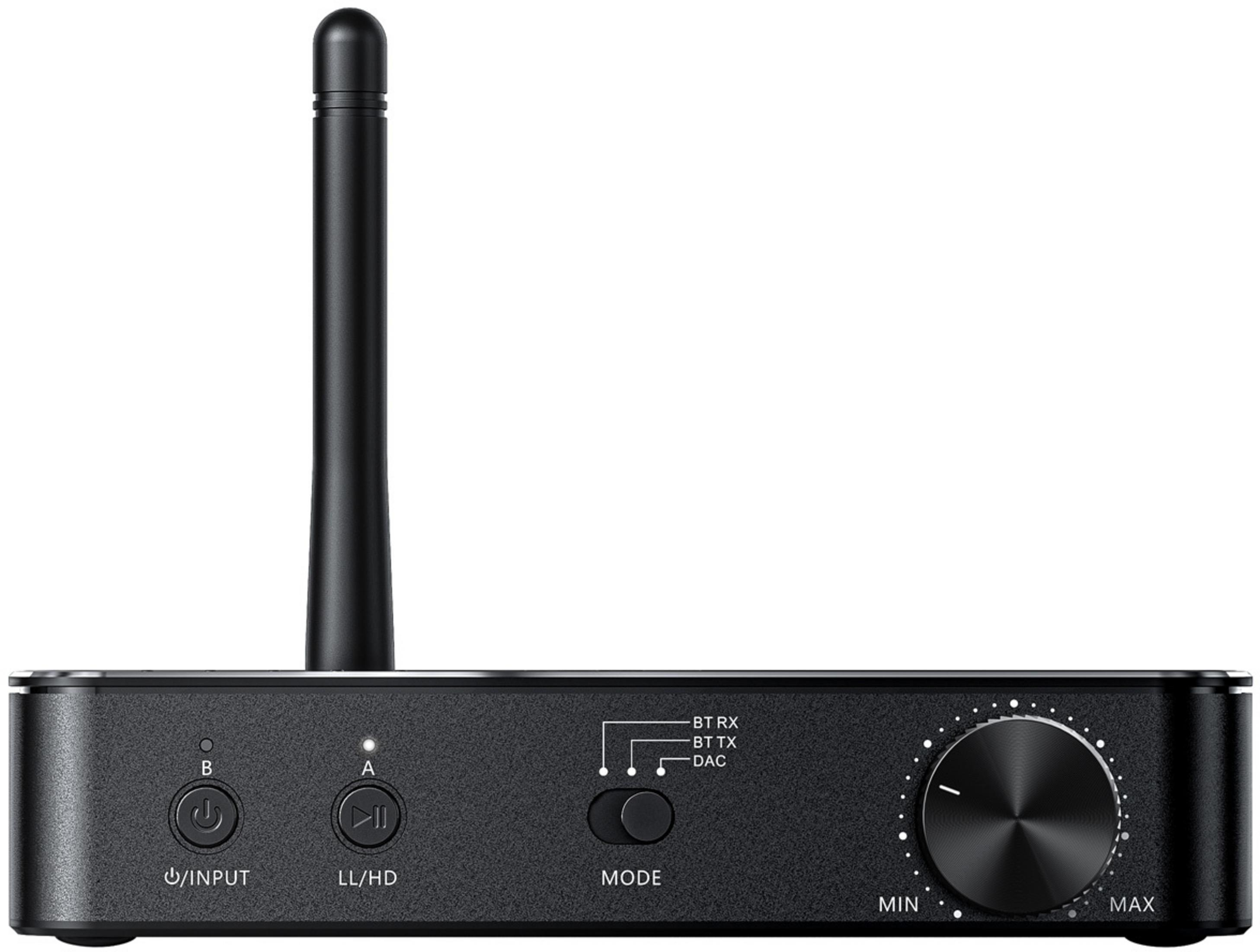 Un dispositivo de audio negro con antena, botones de entrada, modo y volumen.