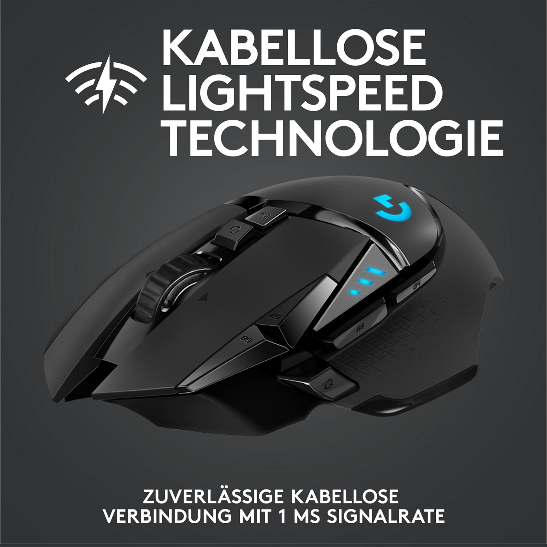 Mouse da gaming nero con luci blu e testo.