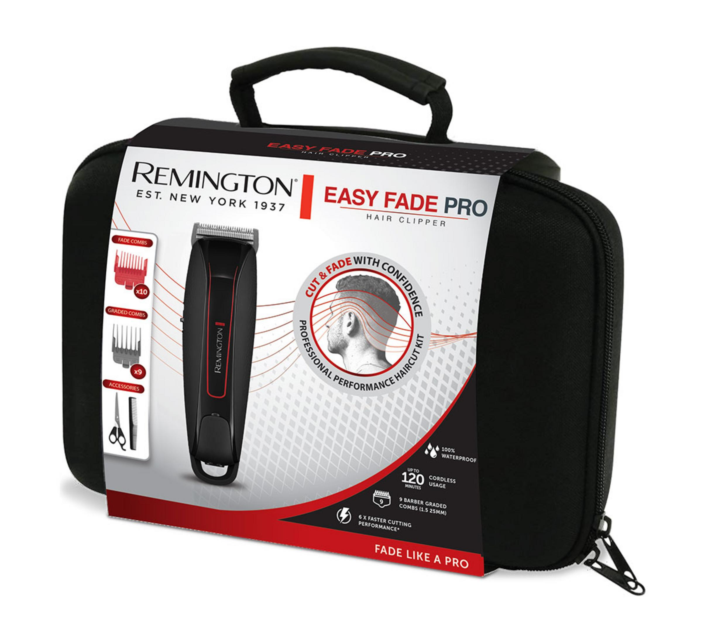 Un kit tagliacapelli Remington Easy Fade Pro in una custodia nera con accessori.