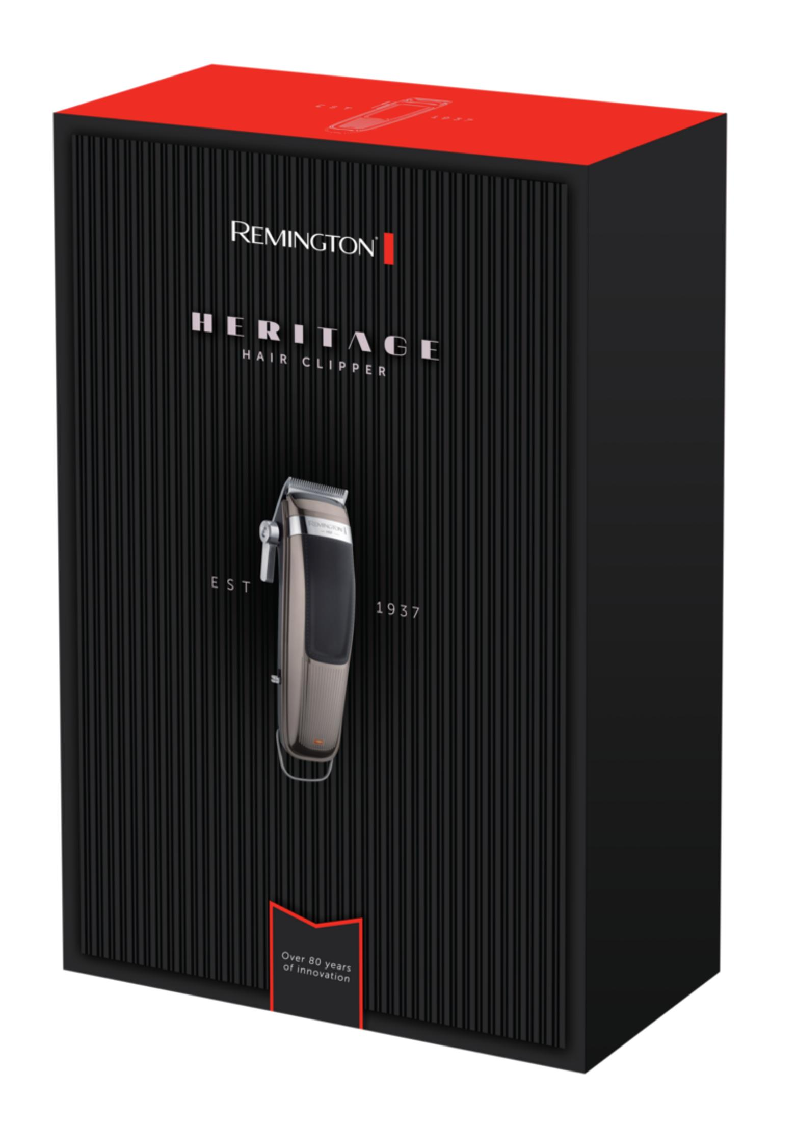 Remington Heritage Haarschneider-Verpackung mit einem silbernen Haarschneider.