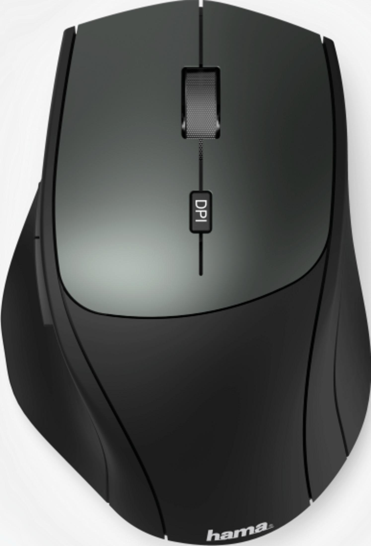 Schwarze Maus mit DPI-Taste und Hama-Logo, von oben gesehen.