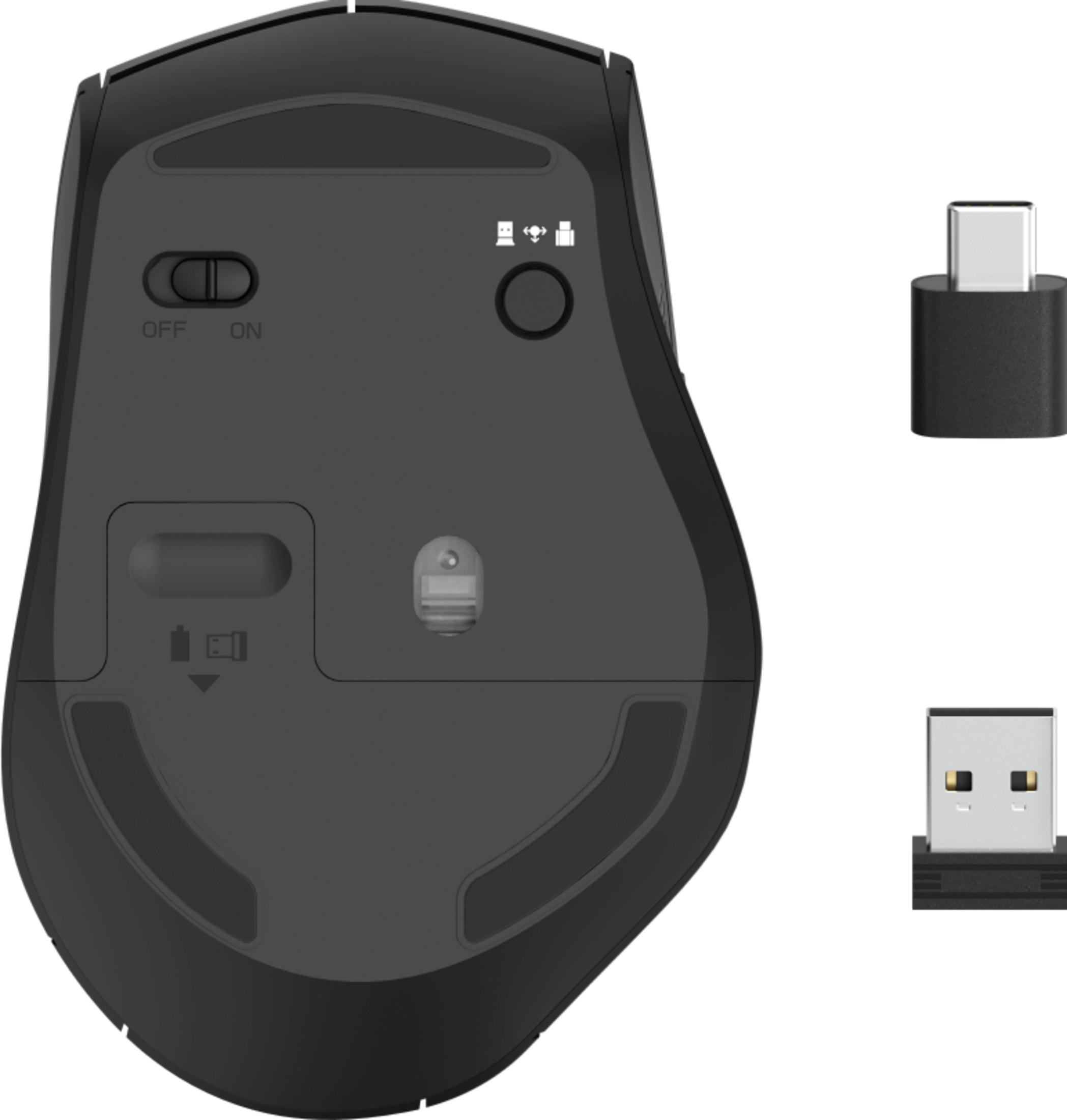 Schwarze Mausunterseite mit Schalter, Akkuanzeige und USB-Empfänger.