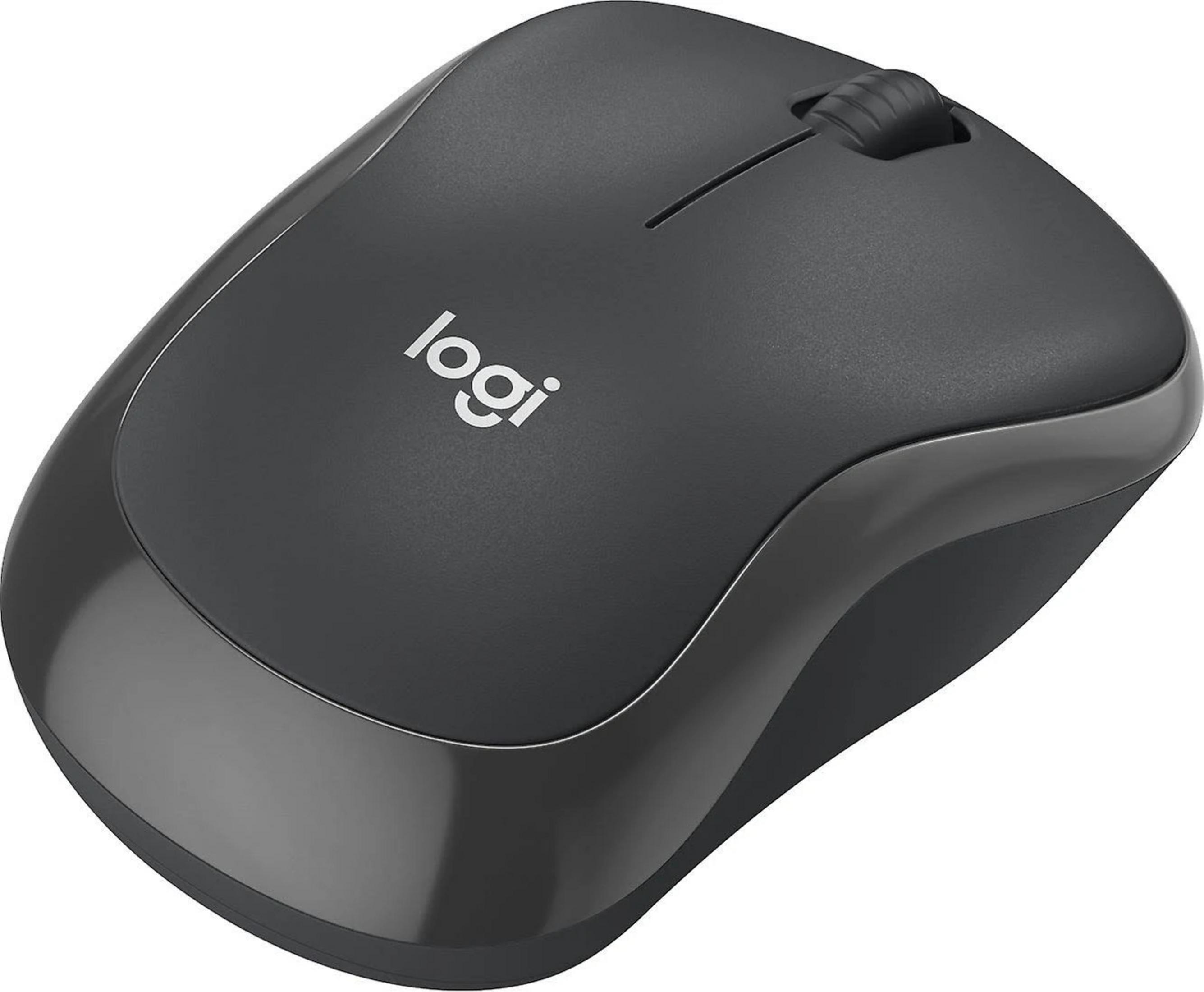 Ciemnoszara mysz komputerowa Logitech z kółkiem przewijania i logo.