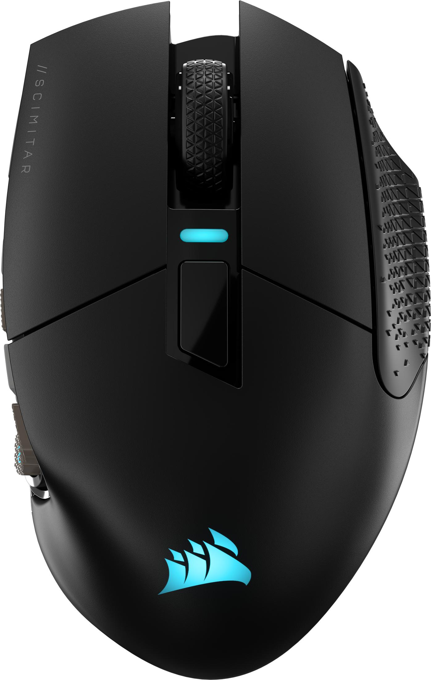 Black gaming mouse with illuminated blue logo and scroll wheel.