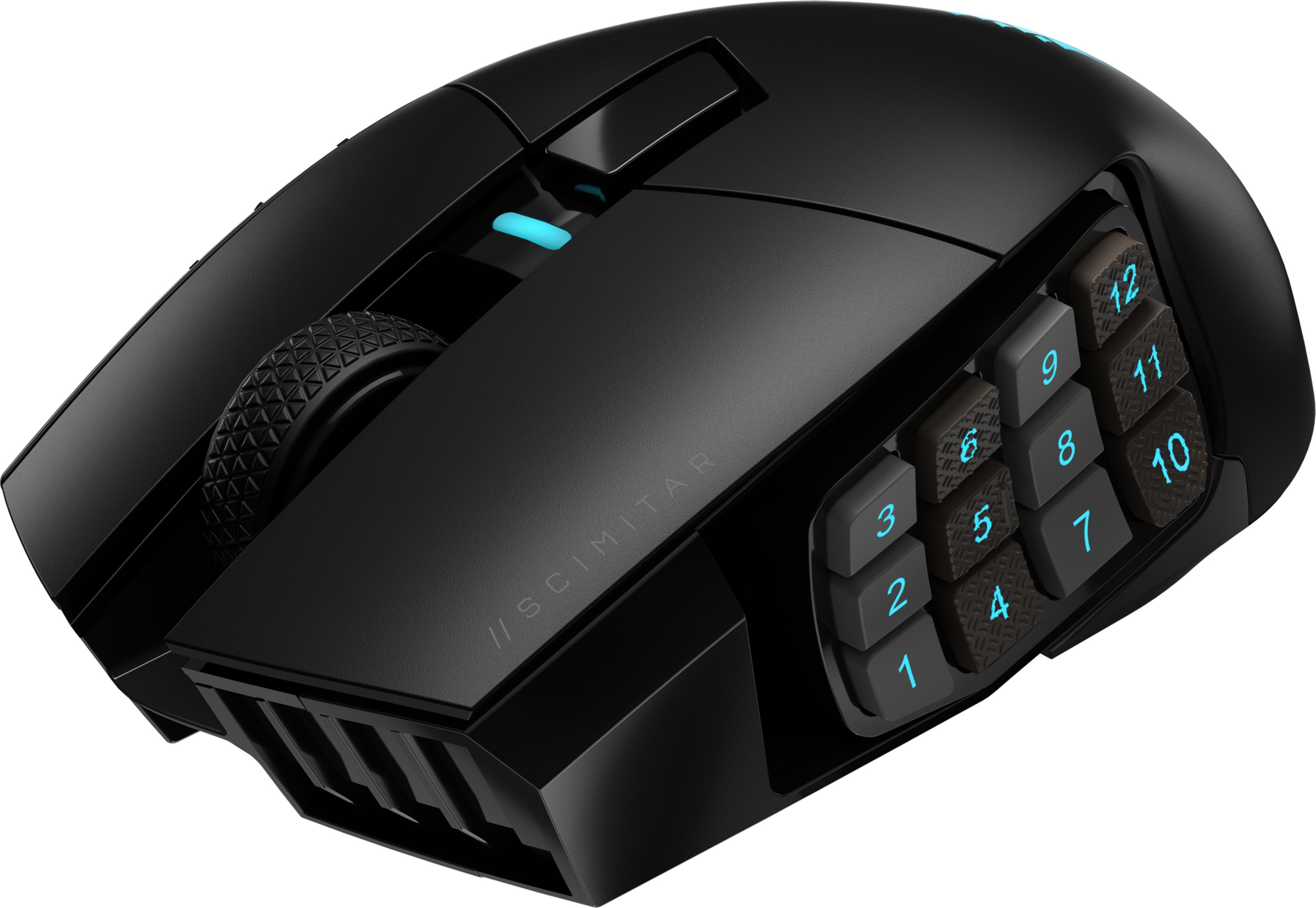 Black gaming mouse with numbered buttons and scroll wheel.