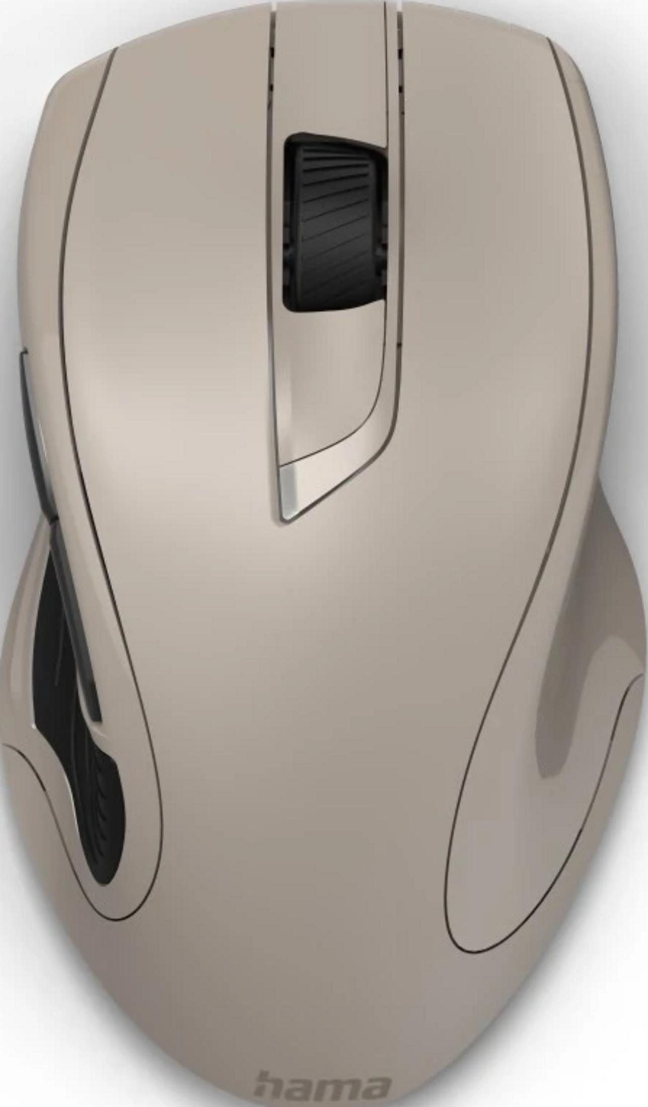 Eine beige Computermaus mit schwarzem Scrollrad und Seitentasten.