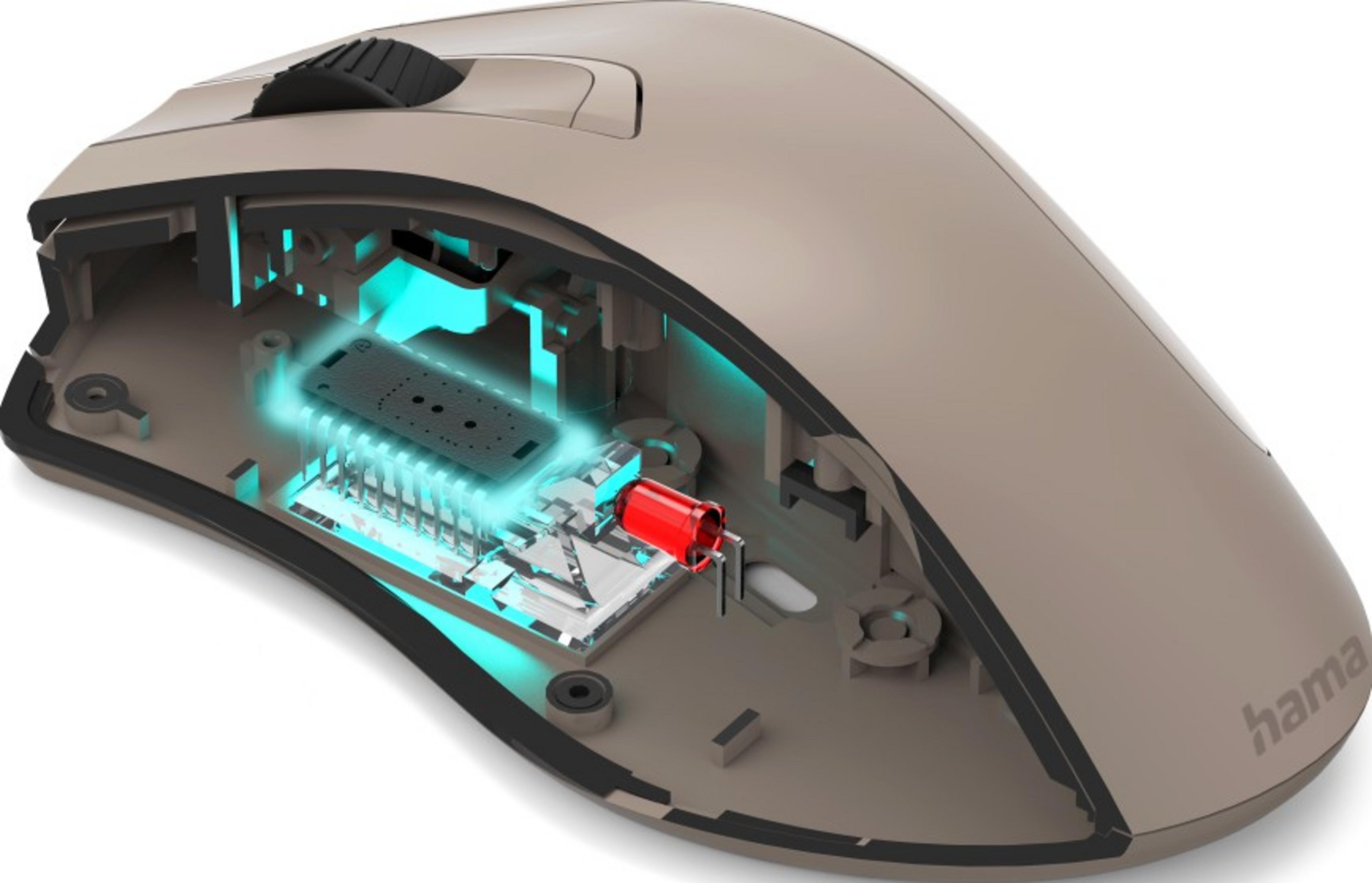 Durchsichtige Maus mit beleuchteter Platine und rotem Bauteil.