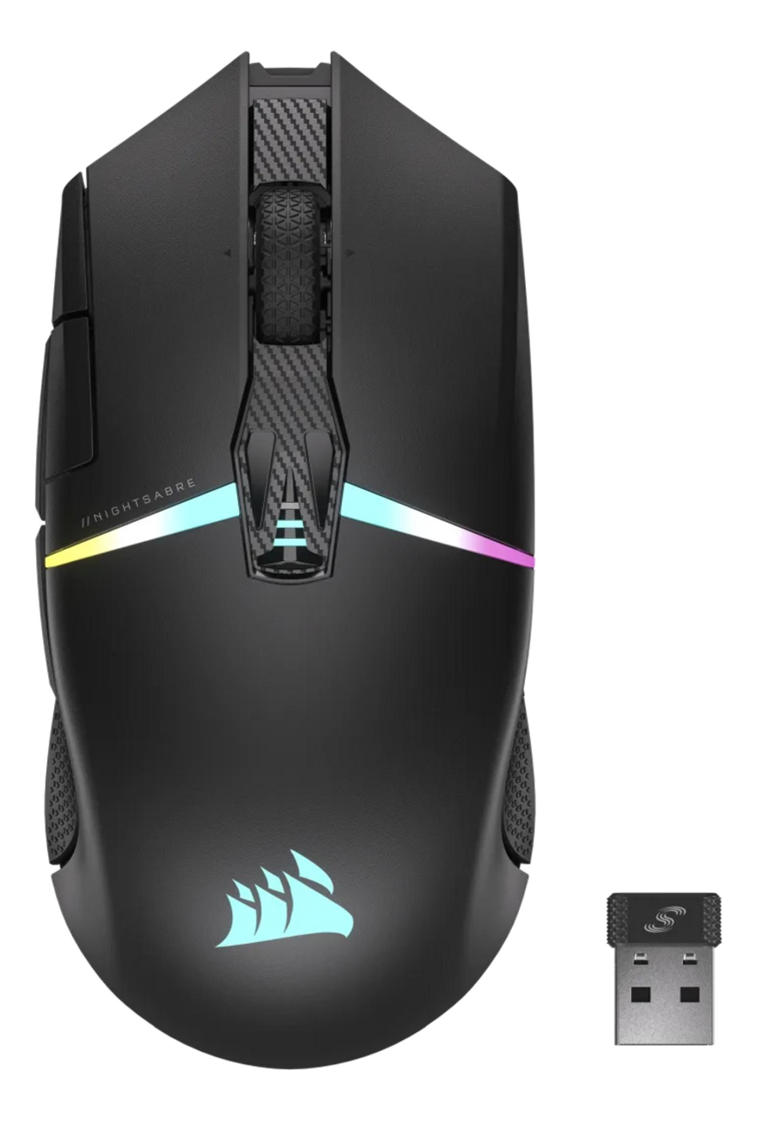 Mouse gaming nero con illuminazione RGB e dongle USB.