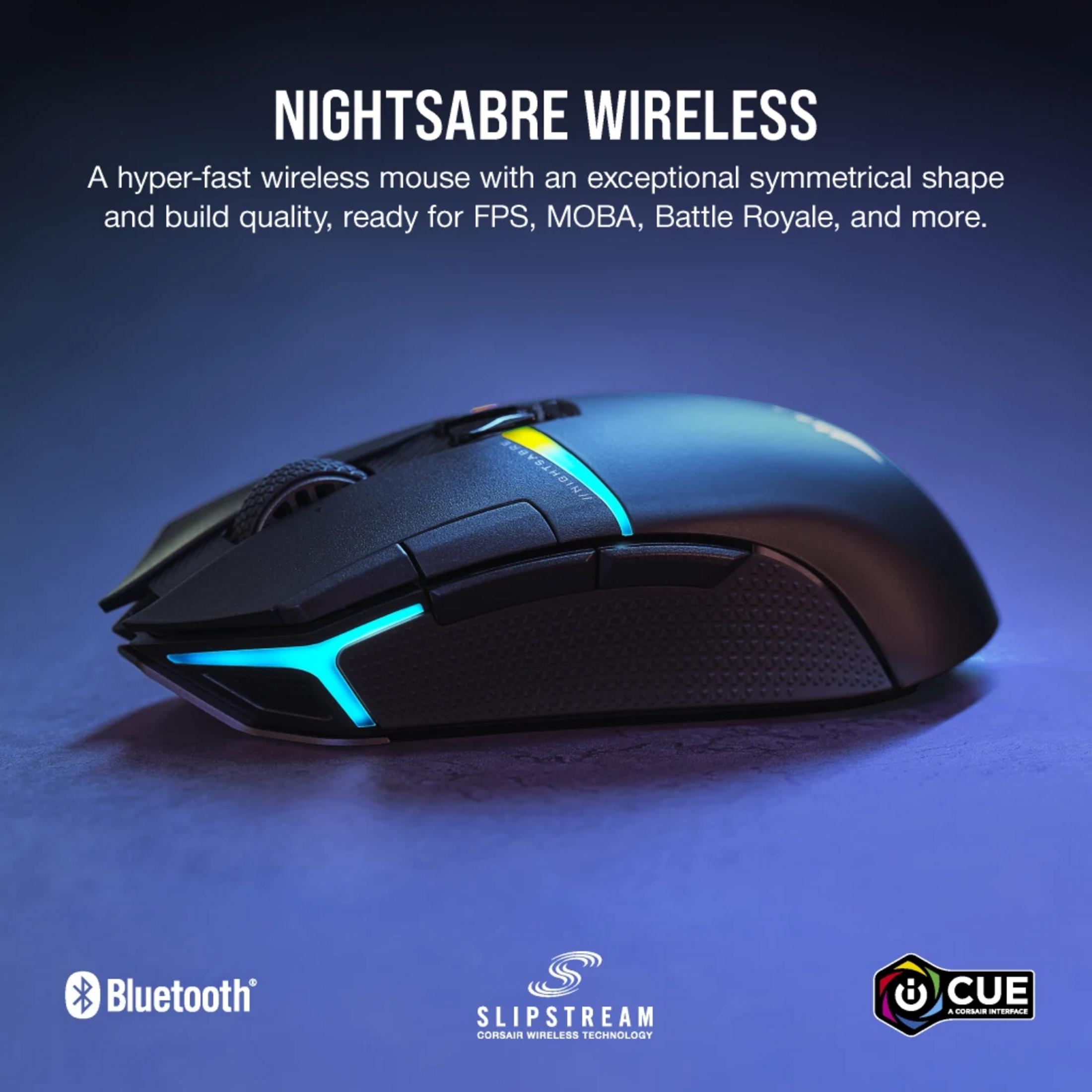 Mouse gaming wireless nero con illuminazione blu su sfondo blu.