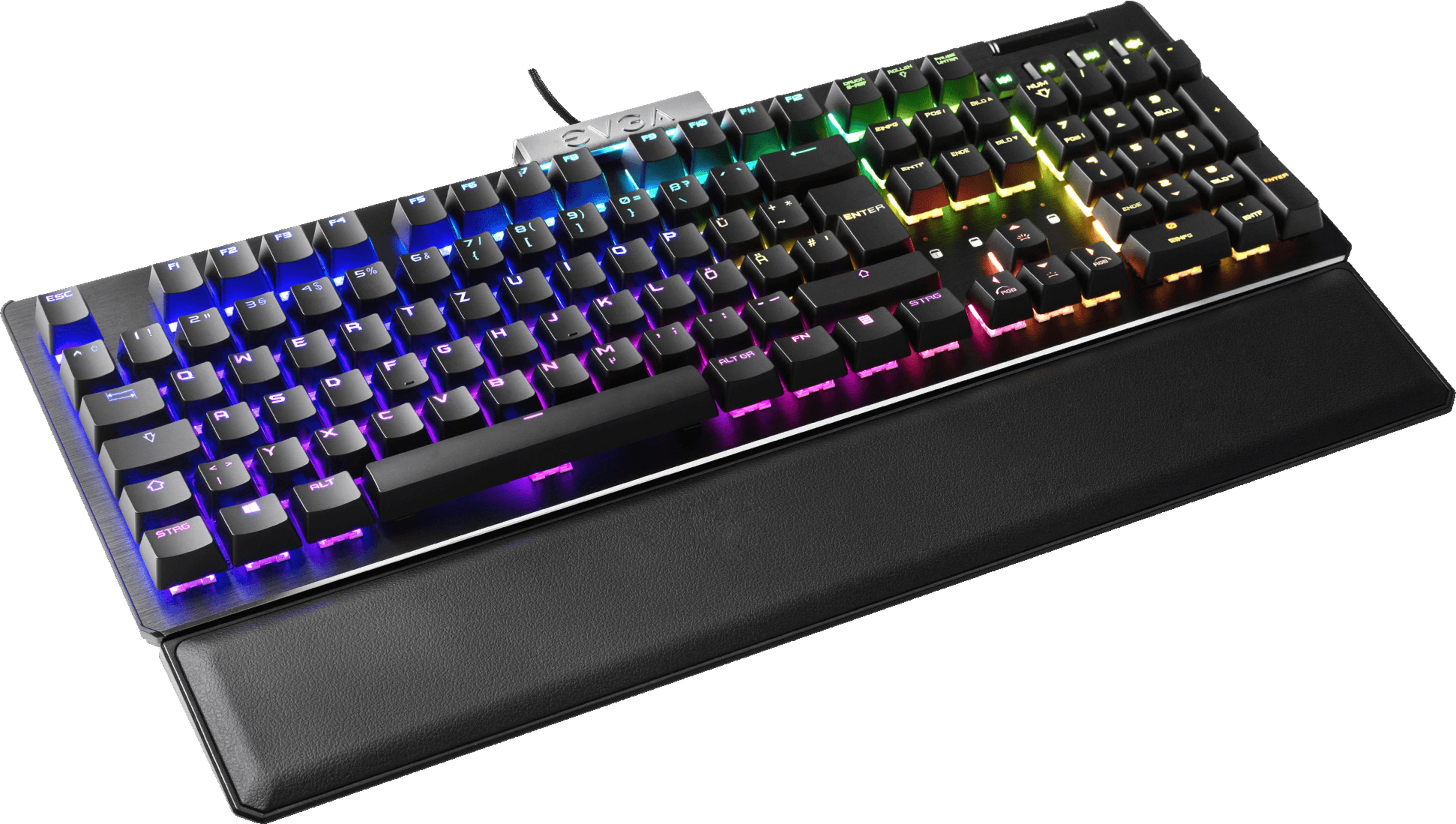 Ein schwarzes Gaming-Keyboard mit RGB-Beleuchtung und Handballenauflage.