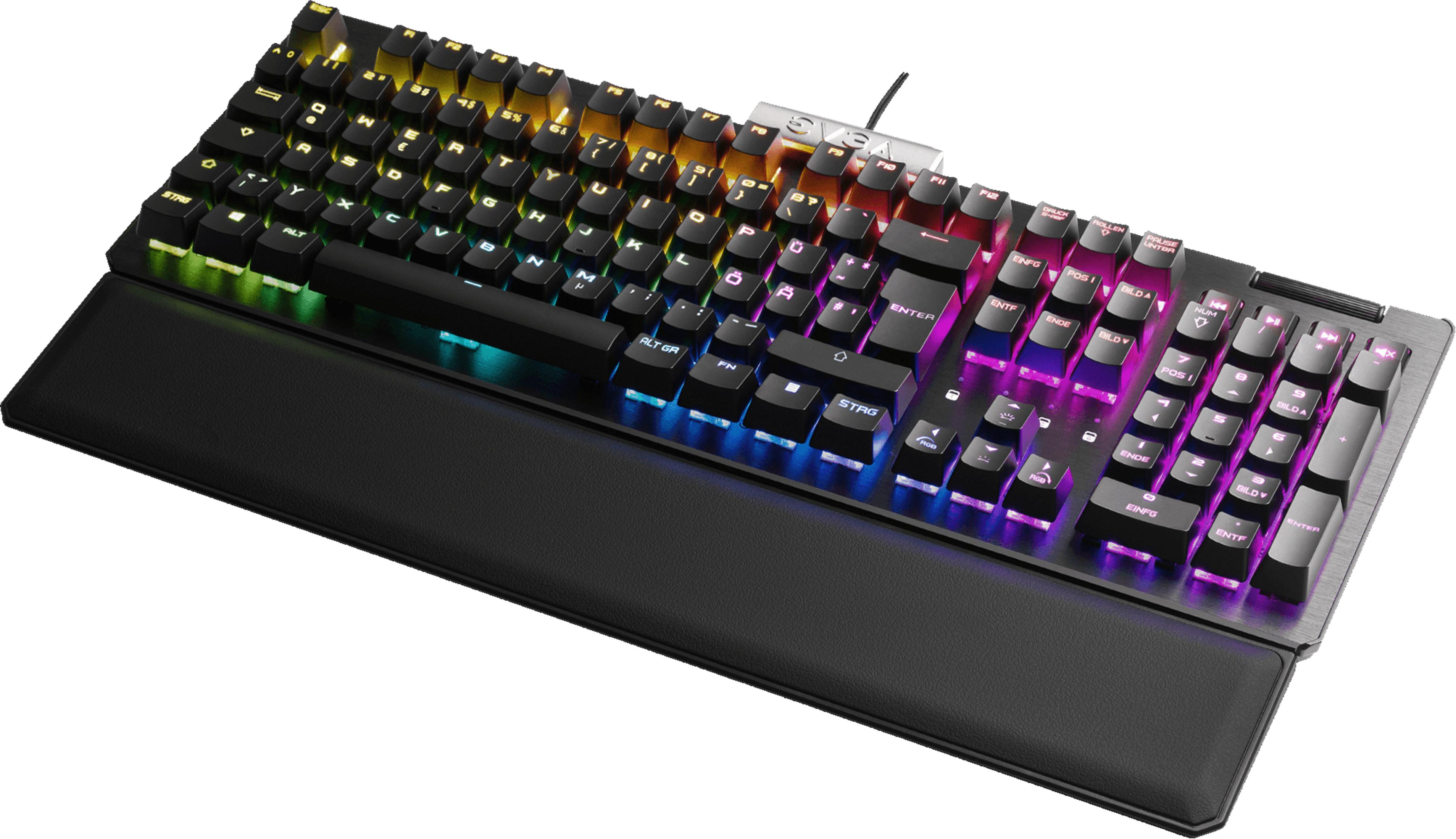 Schwarze Tastatur mit RGB-Beleuchtung und abnehmbarer Handballenauflage.