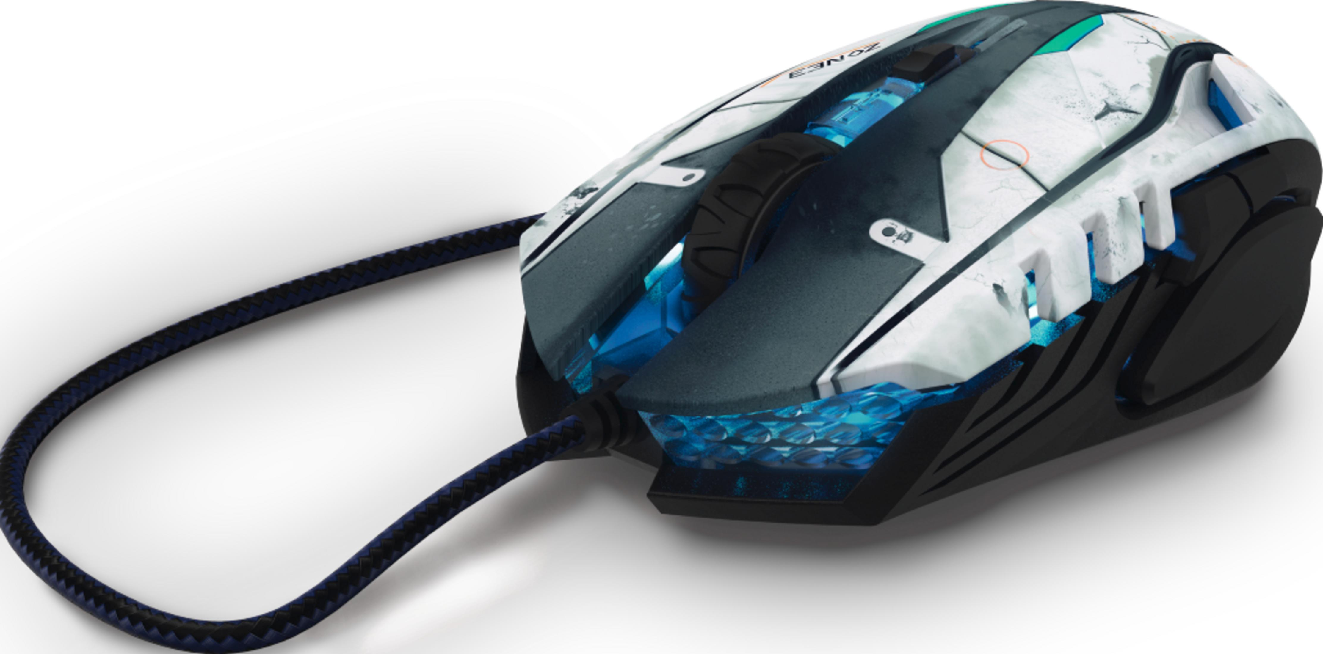 Eine futuristische Gaming-Maus mit blauer Beleuchtung und einem schwarzen Kabel.