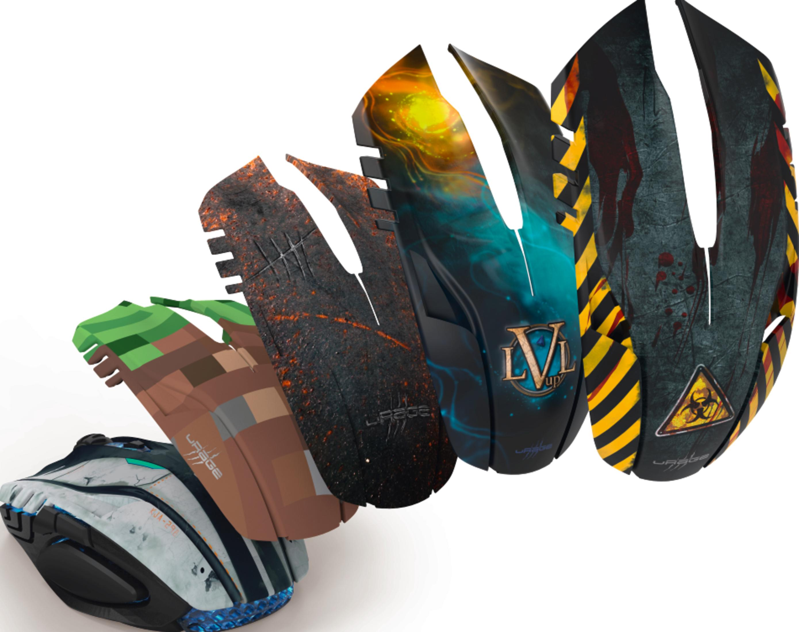 Eine Maus mit verschiedenen austauschbaren Oberteilen mit Designs wie Minecraft, Rost, Weltraum und Warnschildern.