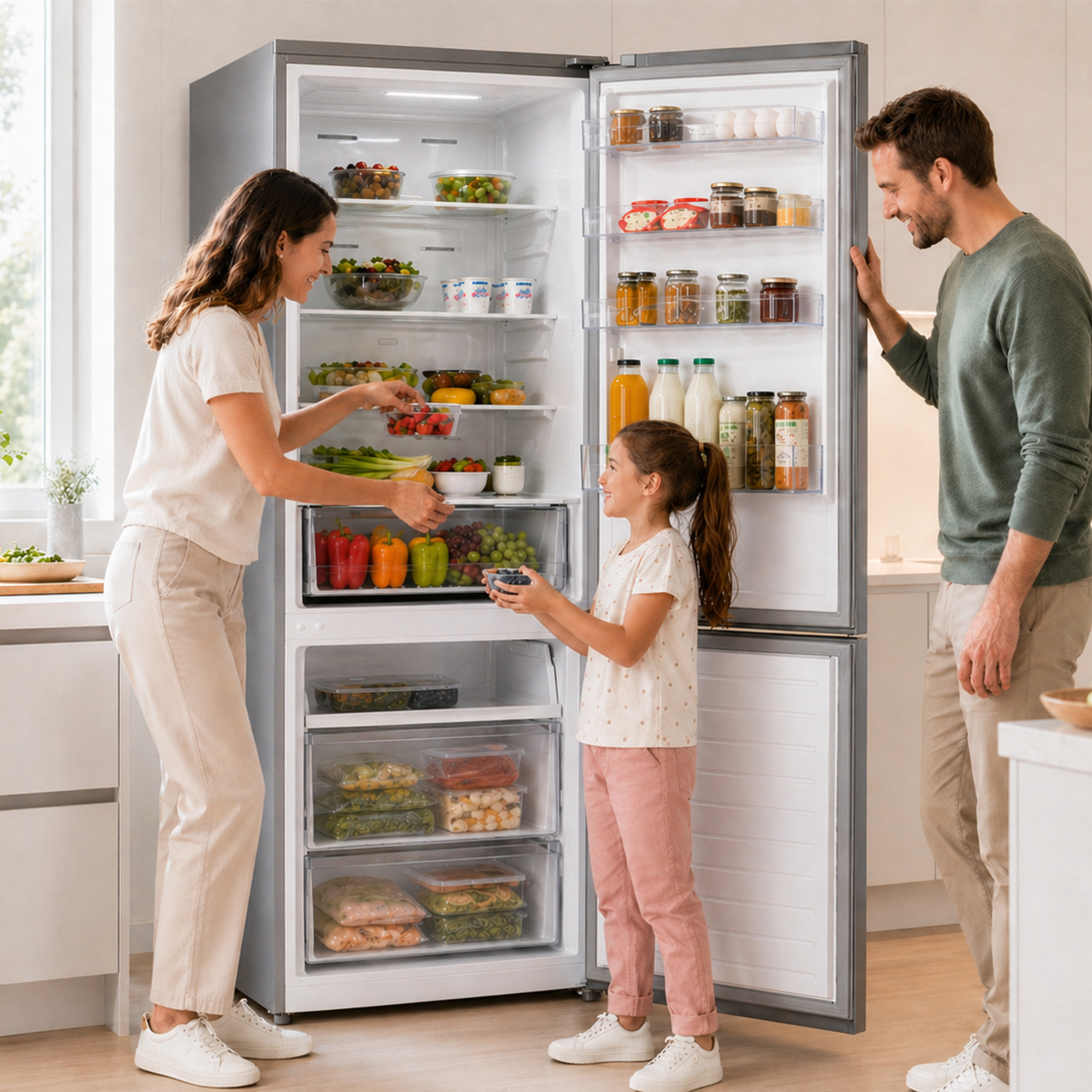 A family in a kitchen loads food into an open refrigerator.