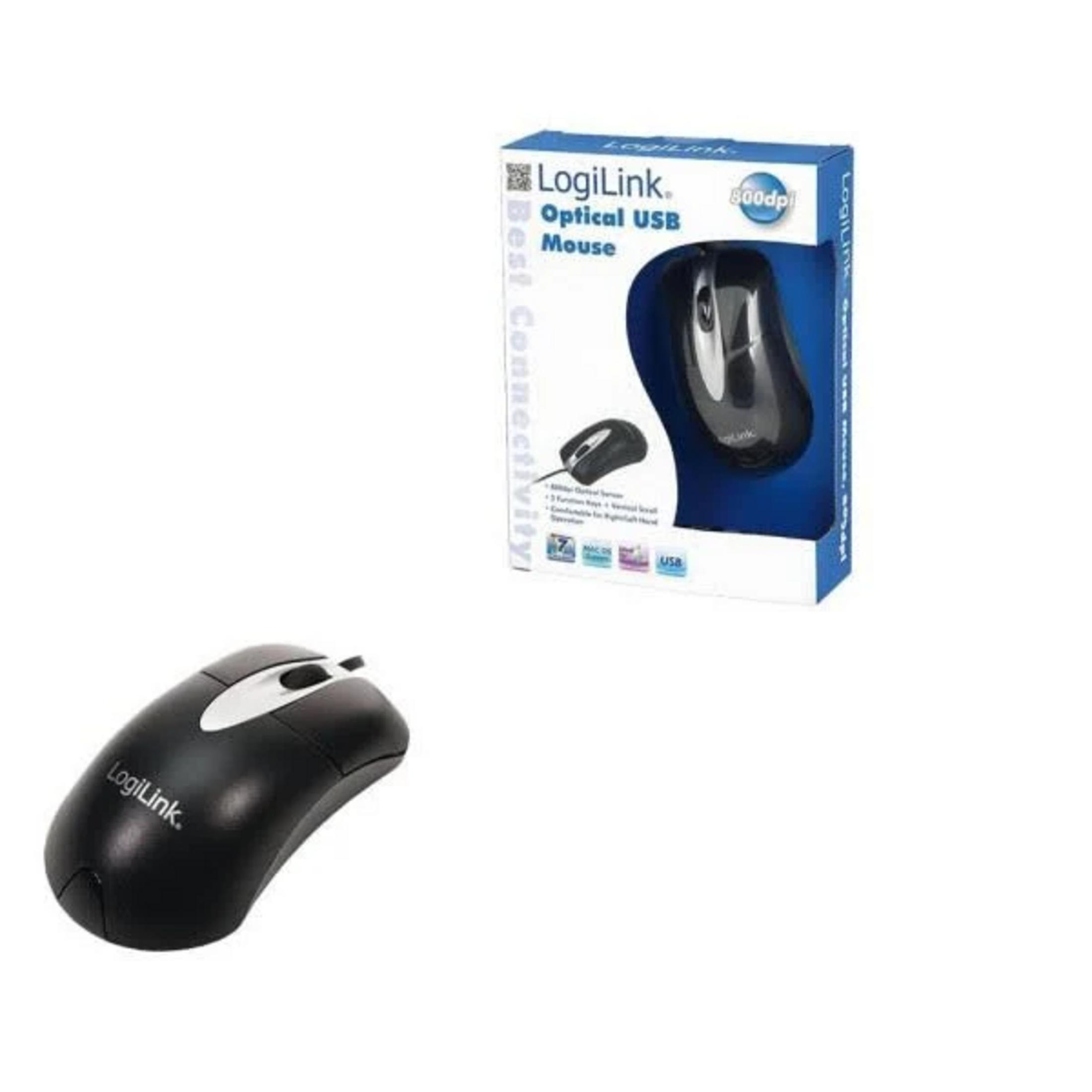 Ratón óptico USB LogiLink negro con detalles plateados, junto a su embalaje.