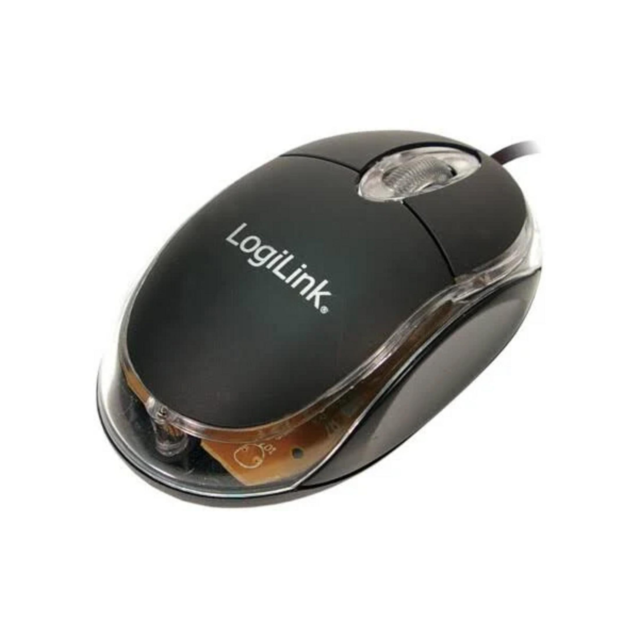 Un ratón de computadora LogiLink negro con carcasa transparente que muestra la electrónica interna.