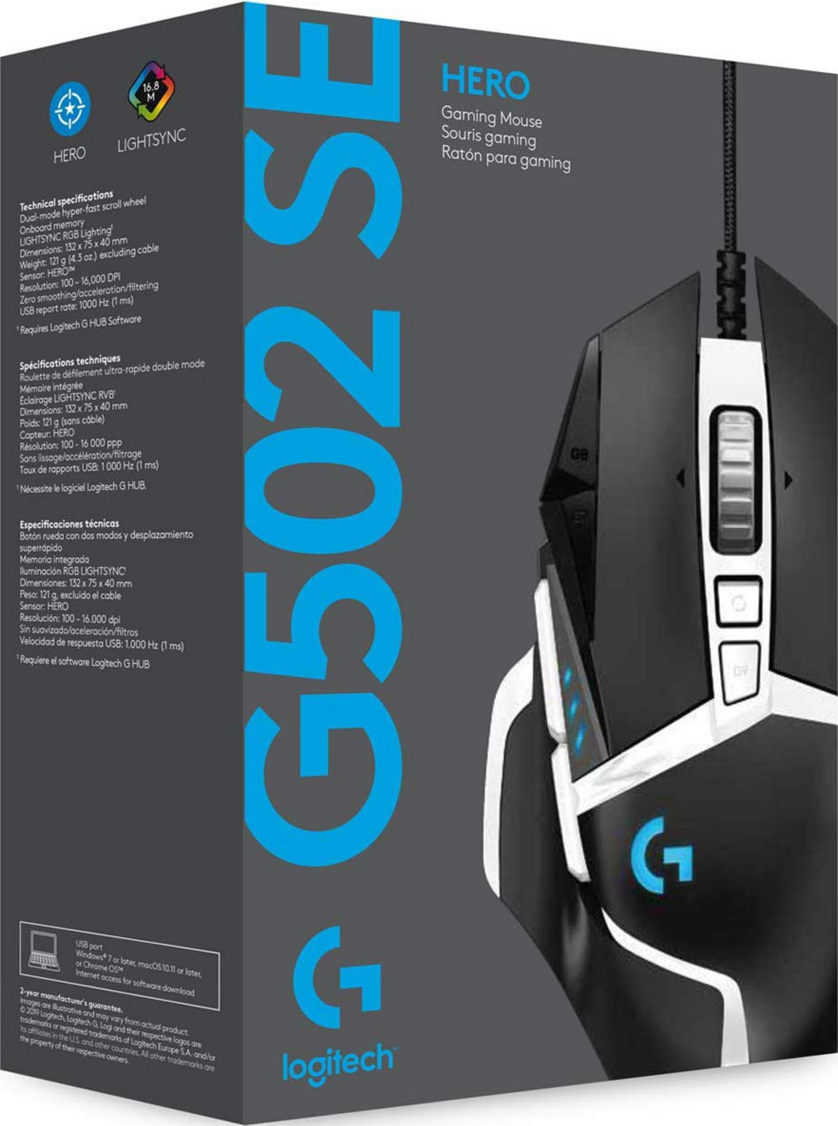 Mysz gamingowa Logitech G502 SE z podświetleniem RGB i kablem.
