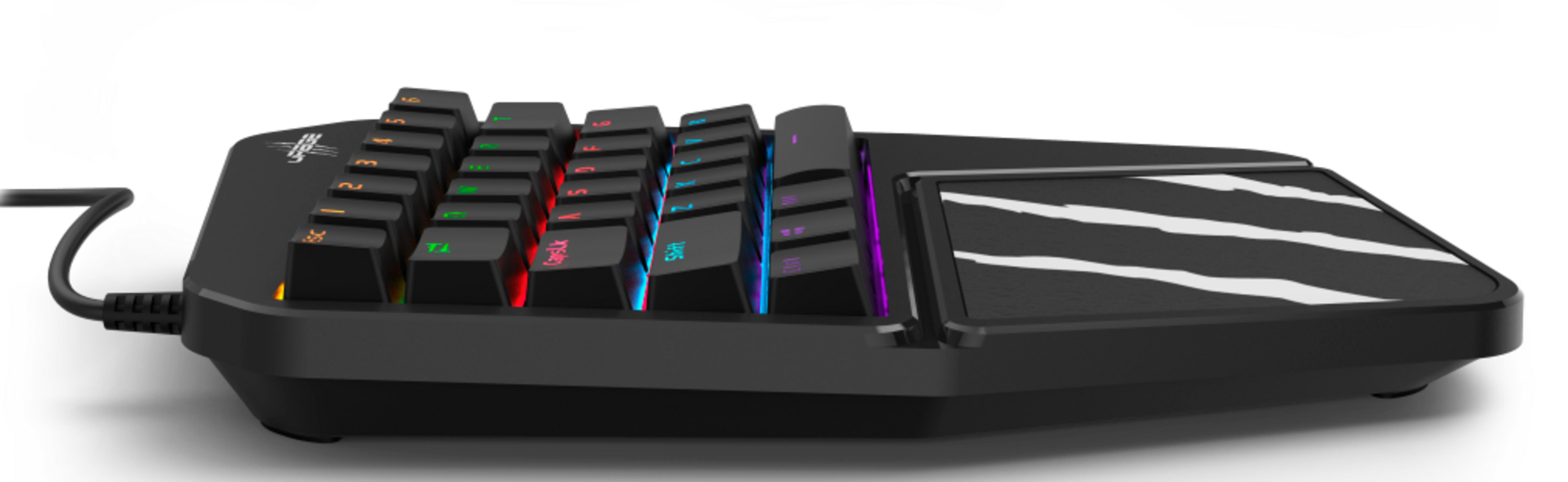 Schwarze Gaming-Tastatur mit anpassbarer RGB-Hintergrundbeleuchtung und einer Handballenauflage.