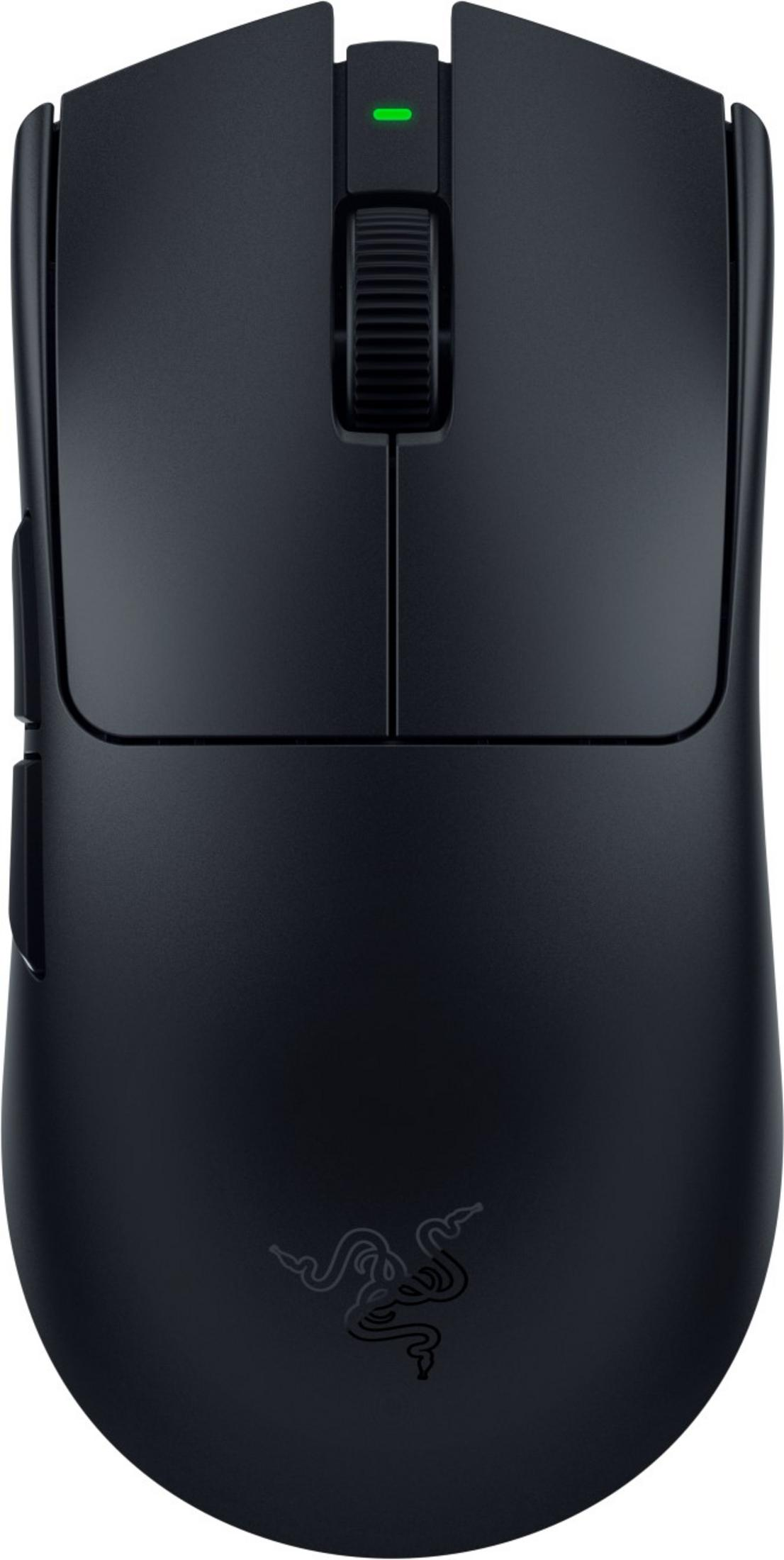 Un mouse gaming Razer nero con indicatore LED verde e rotellina testurizzata.