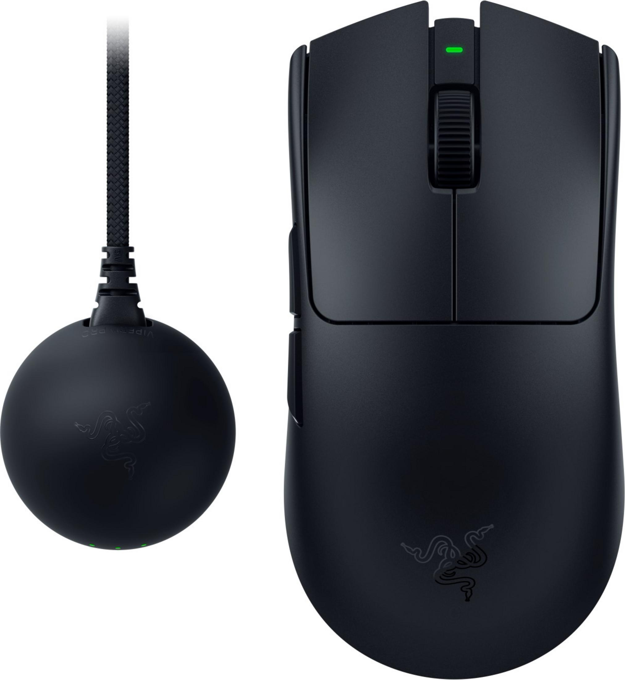 Mouse Razer nero e dock di ricarica con luci verdi.