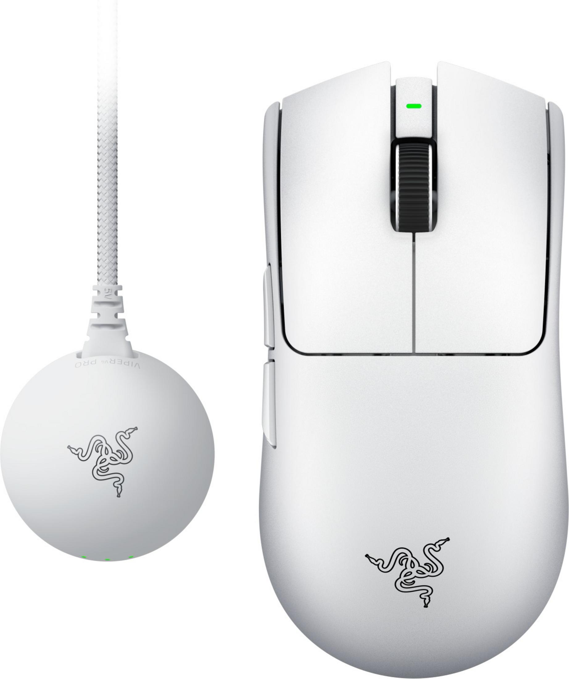 Weie Razer Viper Pro Gaming-Maus und Ladestation mit grnen Lichtern.