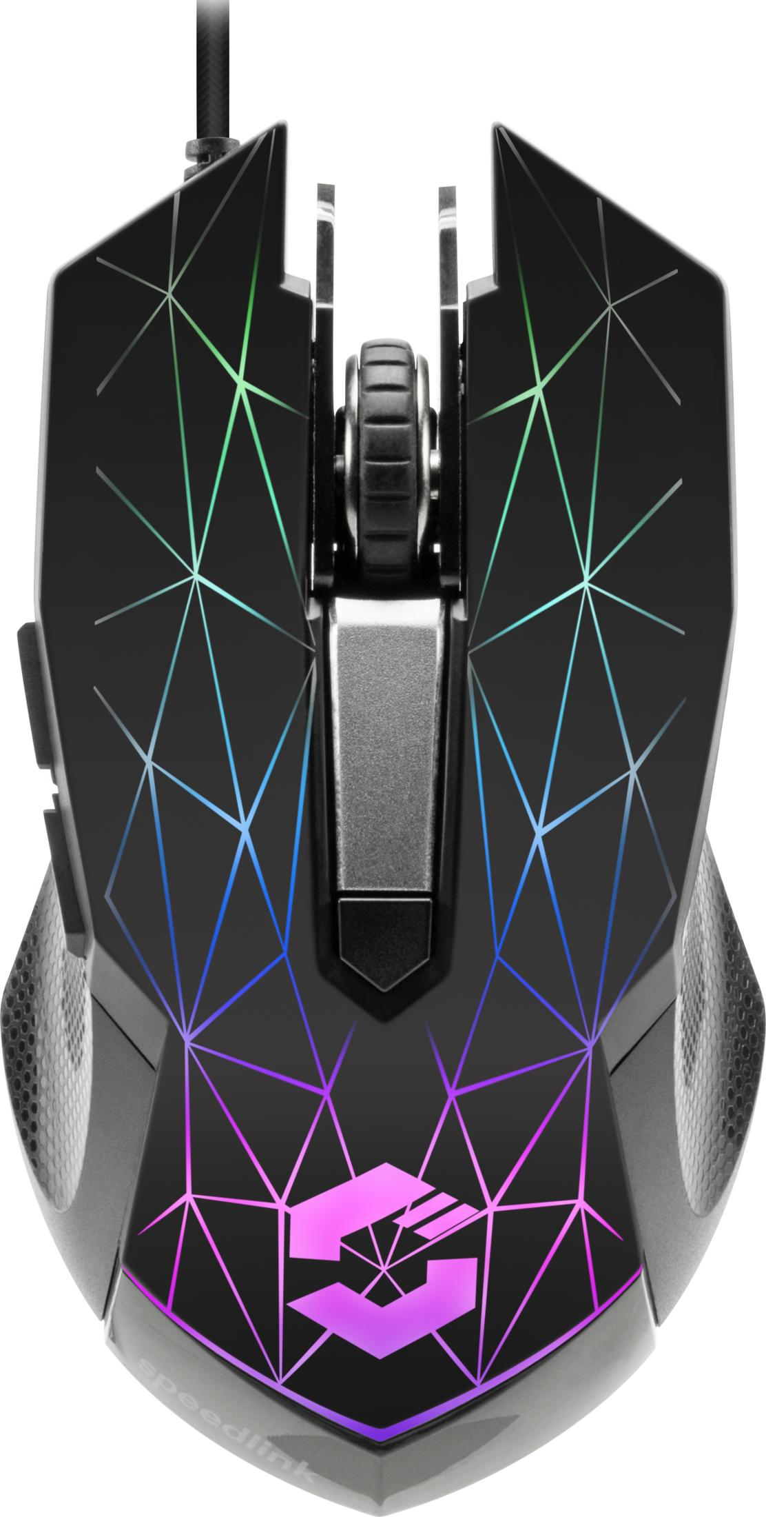 Un ratón gamer negro con patrón geométrico e iluminación RGB.