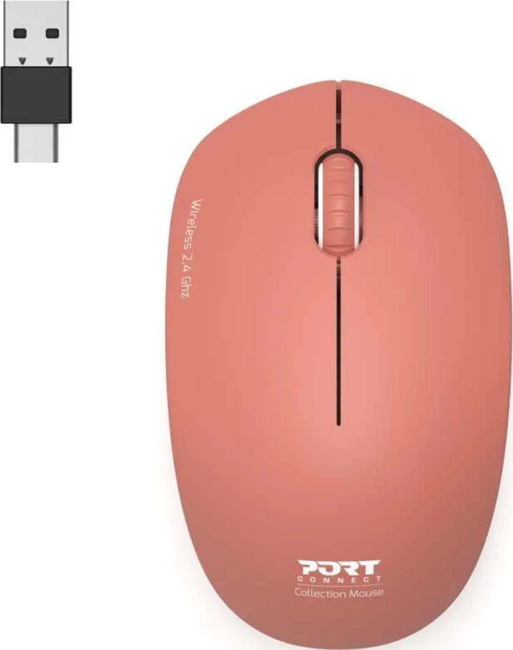 A coral-colored wireless mouse and USB dongle set on a white background.