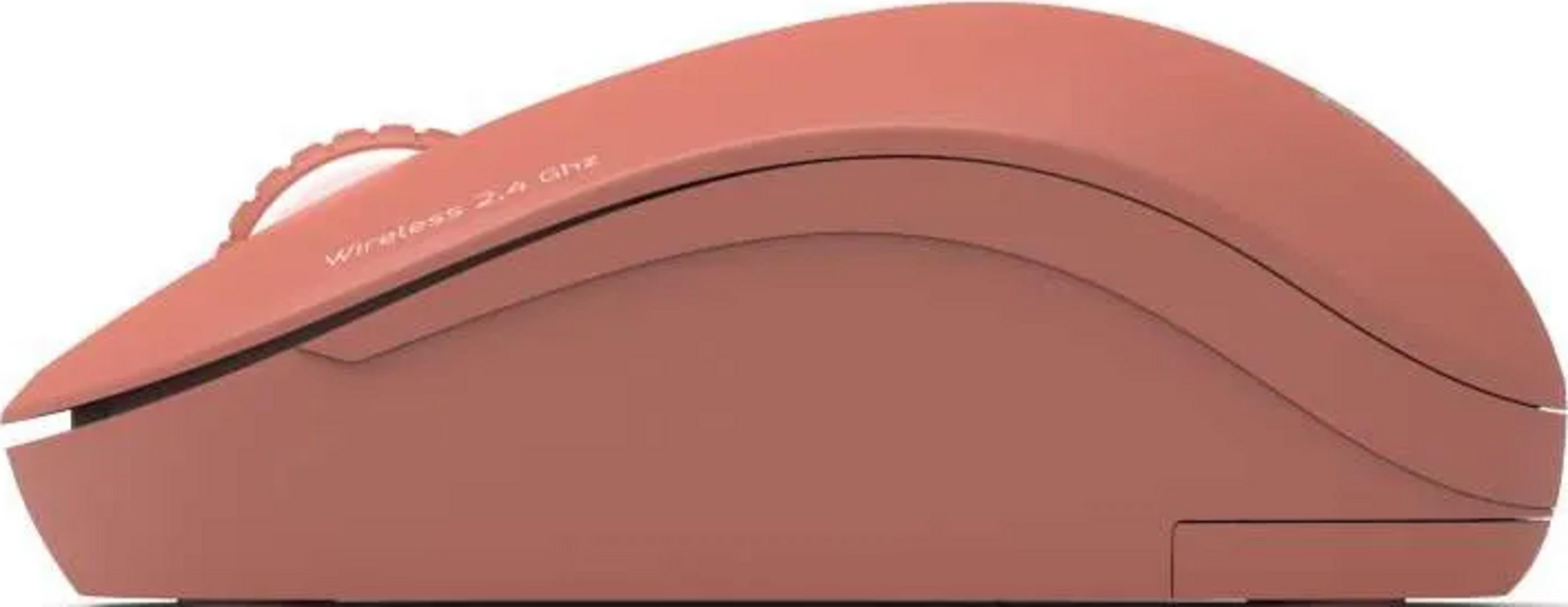 A coral pink wireless mouse with a scroll wheel and "Wireless 2.4 Ghz" text.