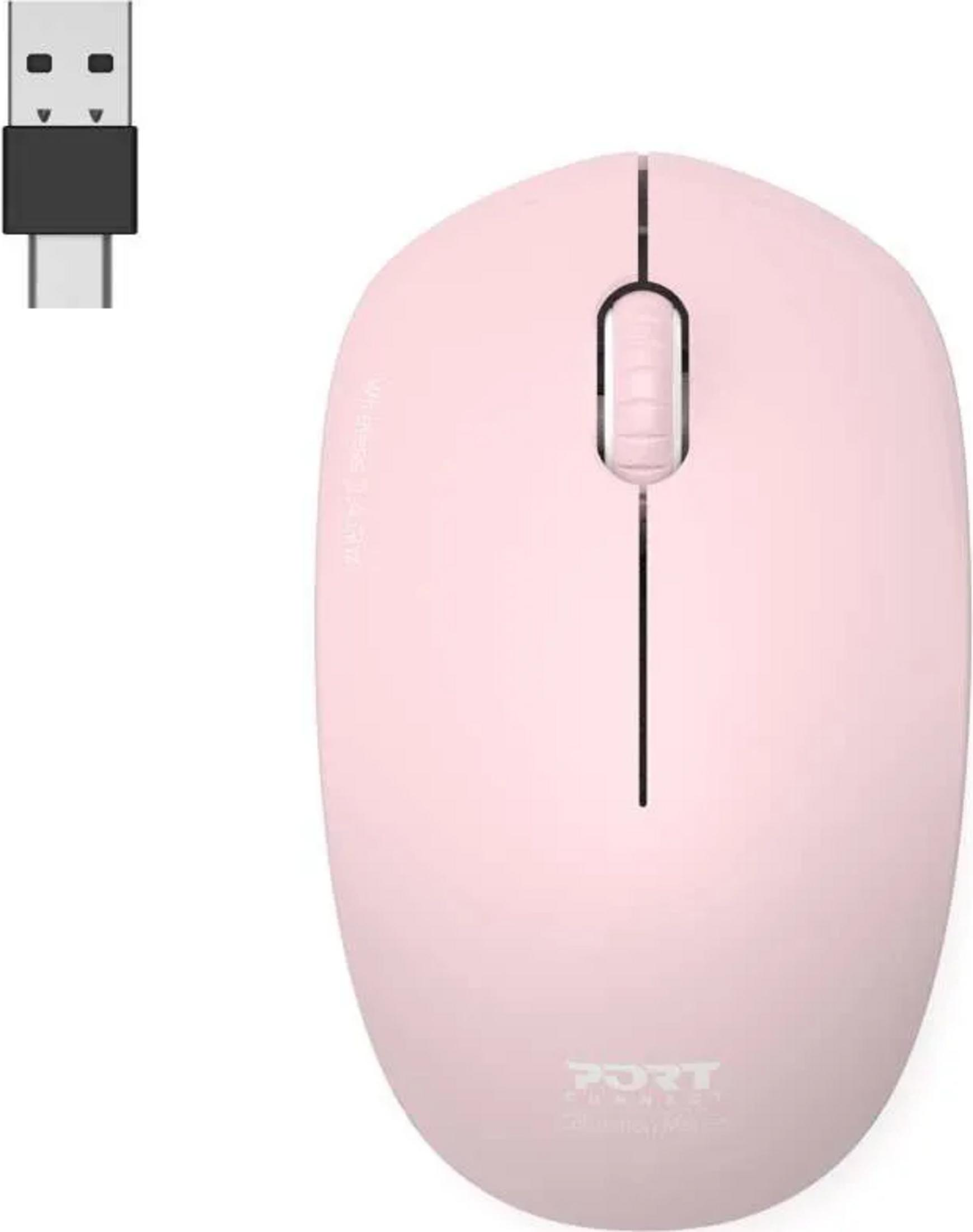 A pink computer mouse and USB-C dongle on a white background.
